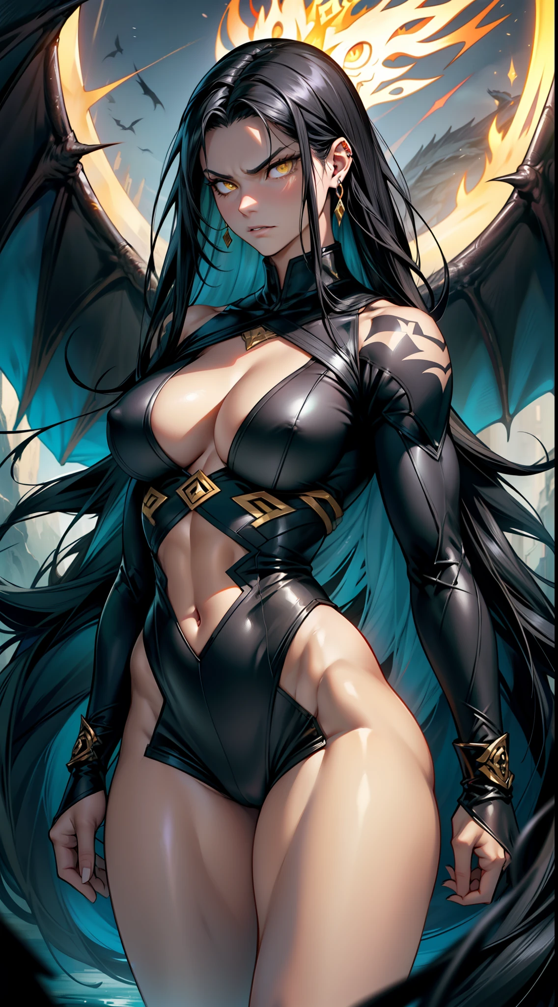 pt:
"long black hair flowing down, piercing yellow eyes, fair skin radiating a pale glow, toned muscles displaying strength, ample bosom, shapely thick thighs, intense anger reflected in her expression, standing tall and fierce beside a majestic black dragon, the embodiment of power and mystery, solitary and captivating."