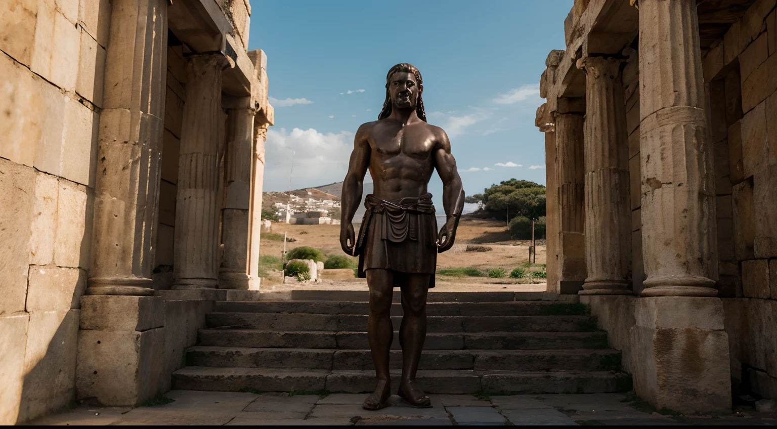 Ancient Stoic Statue With Very Angry Expression, tem barba, muitos detalhes em ambos os olhos, Outside, fundo atenas grego, open sky, com rosto extremamente detalhado full body view, Colors with low saturation with dark tone, Filmado em Sony A7S III com Sony FE 35mm f/1.8, 12.1 MP, --AR 3:2 --estilo cru
