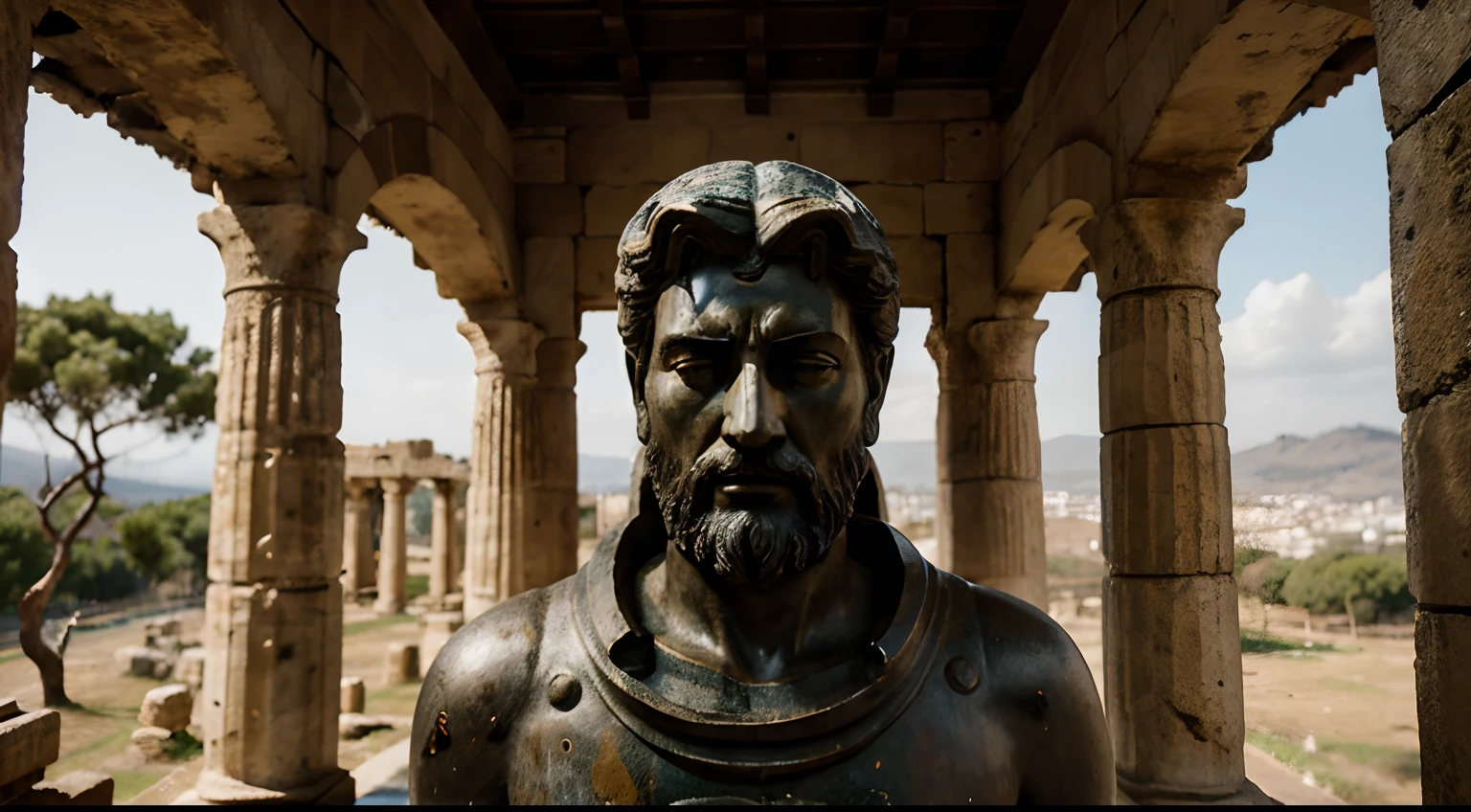 Ancient Stoic Statue With Very Angry Expression, tem barba, muitos detalhes em ambos os olhos, Outside, fundo atenas grego, open sky, com rosto extremamente detalhado full body view, Colors with low saturation with dark tone, Filmado em Sony A7S III com Sony FE 35mm f/1.8, 12.1 MP, --AR 3:2 --estilo cru