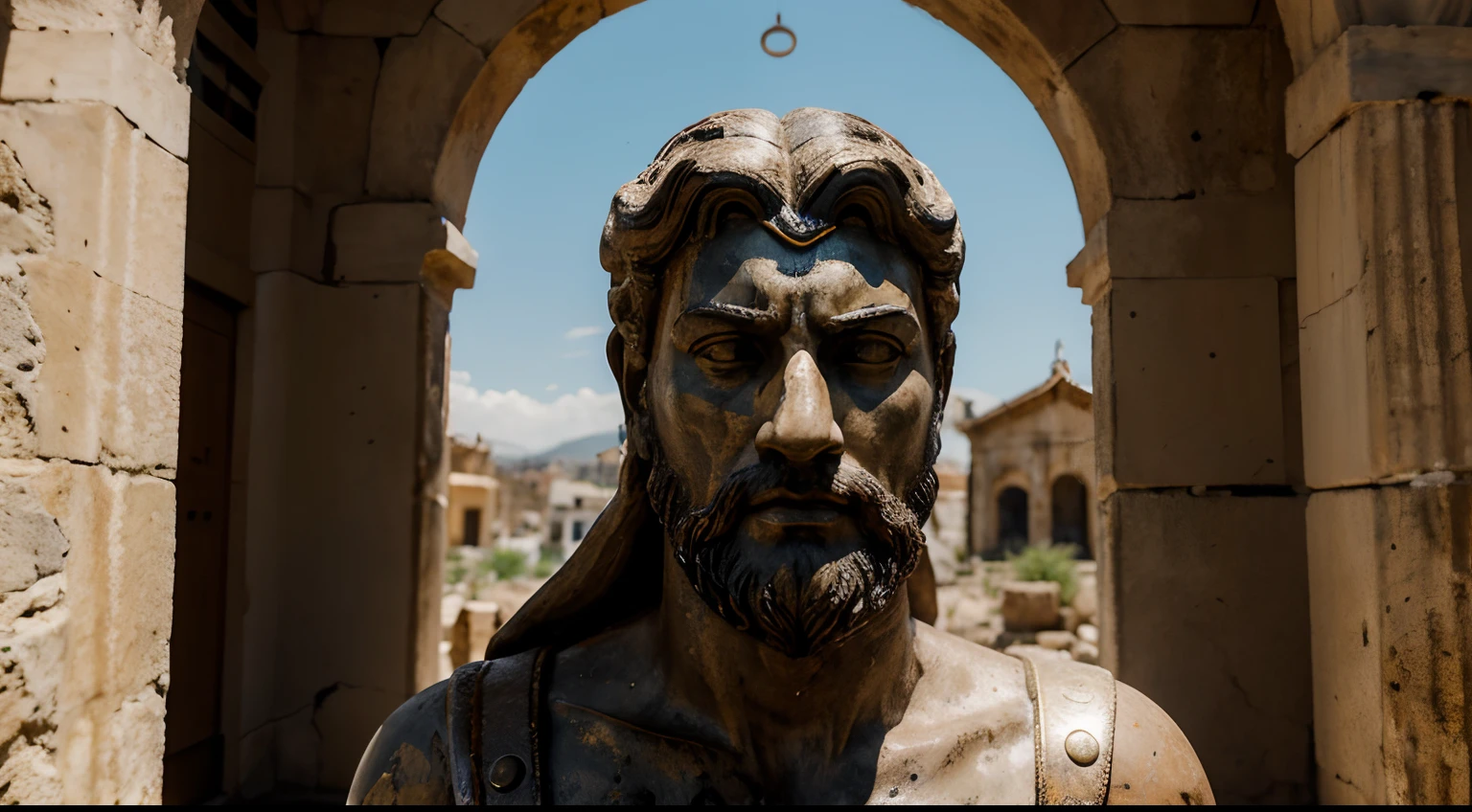 Ancient Stoic Statue With Very Angry Expression, tem barba, muitos detalhes em ambos os olhos, Outside, fundo atenas grego, open sky, com rosto extremamente detalhado full body view, Colors with low saturation with dark tone, Filmado em Sony A7S III com Sony FE 35mm f/1.8, 12.1 MP, --AR 3:2 --estilo cru