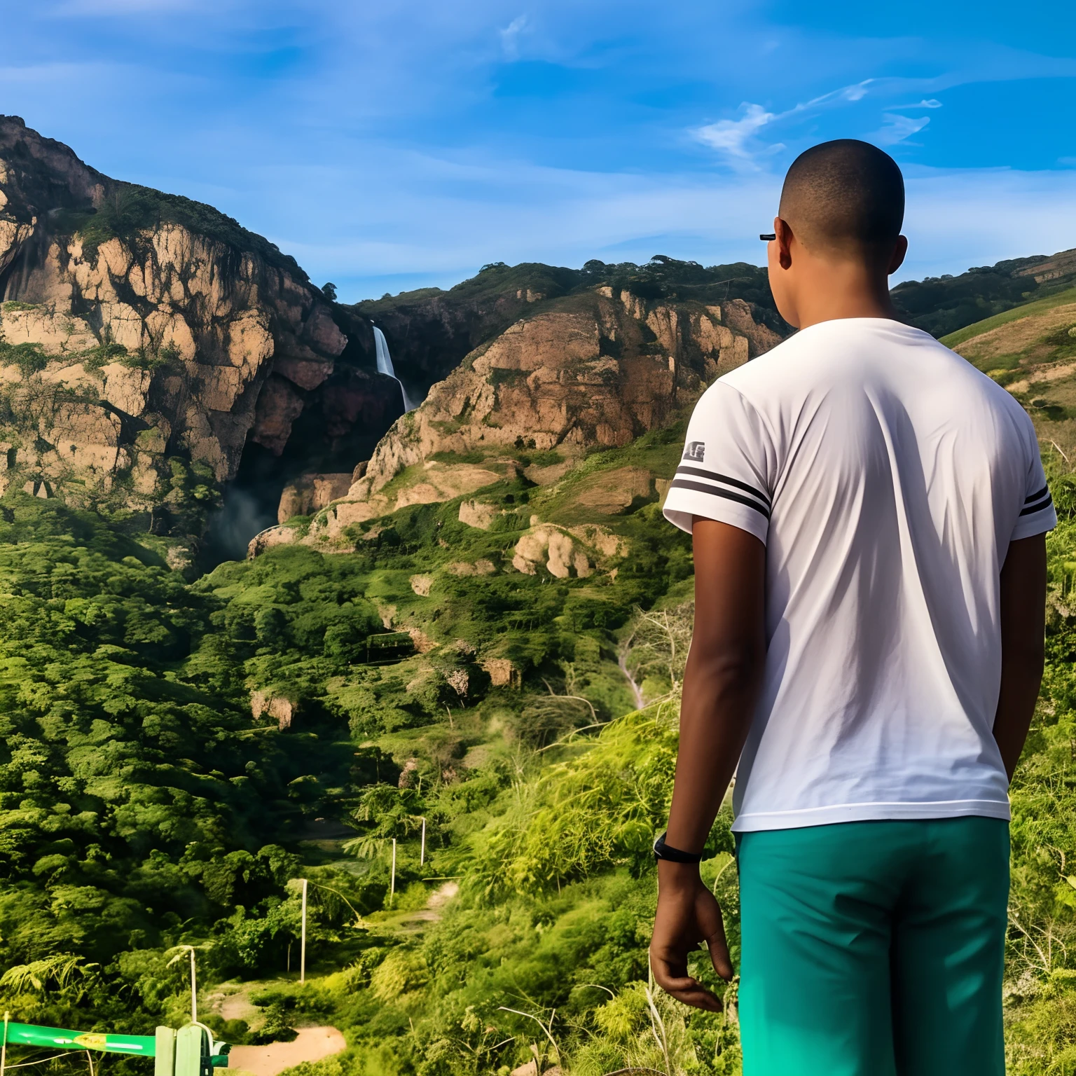 There's a man standing on a hill looking at a valley, em frente a uma montanha, cachoeiras ao fundo, Moutain no fundo, Olhando para as montanhas, em frente a uma cachoeira, amidst nature, cachoeira ao fundo, Selvas ao fundo, Belas vistas, Montanhas ao fundo, standing near a waterfall, nas montanhas