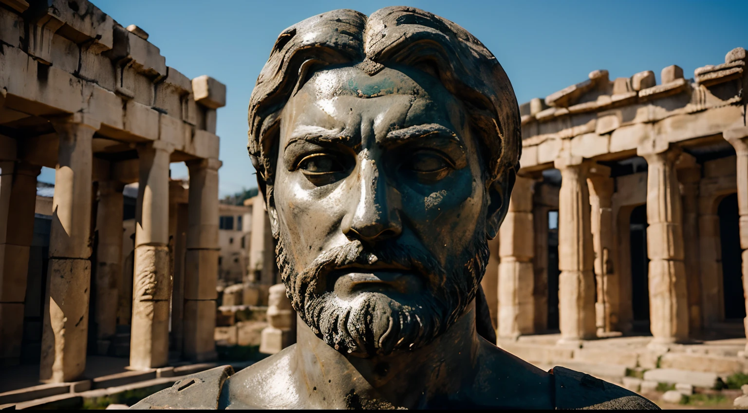 Ancient Stoic Statue With Very Angry Expression, tem barba, muitos detalhes em ambos os olhos, Outside, fundo atenas grego, open sky, com rosto extremamente detalhado full body view, Colors with low saturation with dark tone, Filmado em Sony A7S III com Sony FE 35mm f/1.8, 12.1 MP, --AR 3:2 --estilo cru