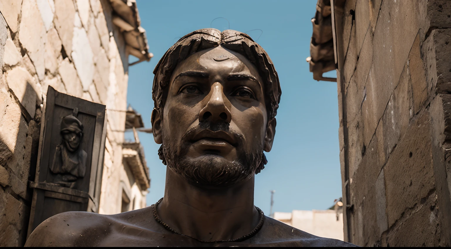 Ancient Stoic Statue With Very Angry Expression, tem barba, muitos detalhes em ambos os olhos, Outside, fundo atenas grego, open sky, com rosto extremamente detalhado full body view, Colors with low saturation with dark tone, Filmado em Sony A7S III com Sony FE 35mm f/1.8, 12.1 MP, --AR 3:2 --estilo cru