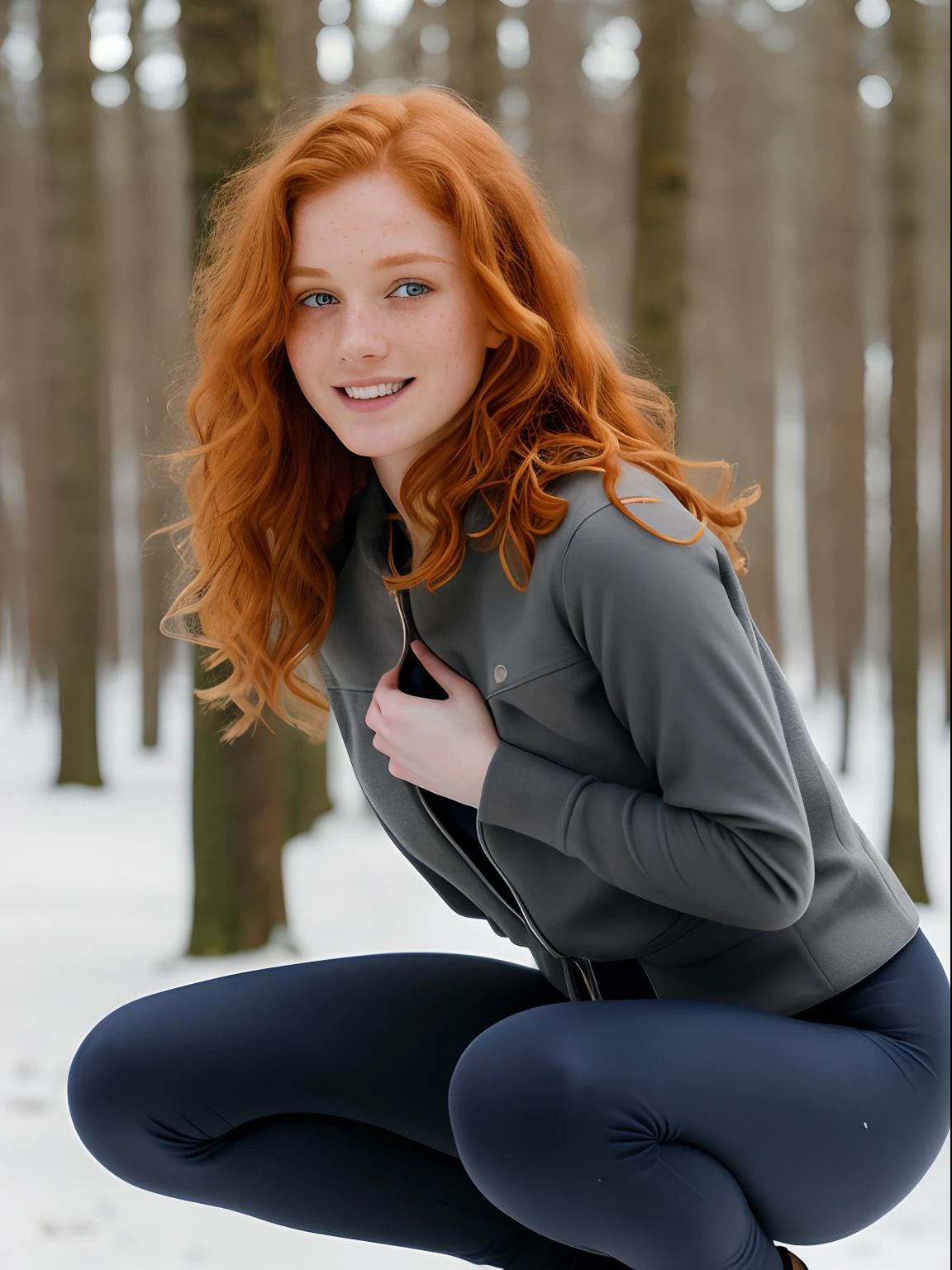 1girl in, age19, Solo, Aesthetic artwork, irish redhead, wavy ginger hair, shoulder length ginger hair, gray eyes, light grey eyes, some small freckles, pale skin, A-cup, small breasts, runners body, (textured skin, skin pores:1.1), (moles:0.8), imperfect skin, goosebumps, outside in city park taking a selfie, stone path, snow, late fall weather, (extremely detailed 8k wallpaper), soft lighting, high quality, film grain, Fujifilm XT3 sharp focus, f 5.6, 50mm, High Detail, Sharp focus,(natural light), black winter jacket, leggings, crazy details, complex details, hyperdetailed