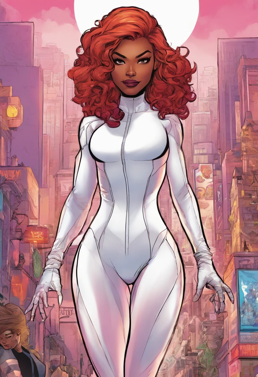 Woman in a white spiderman suit and she has a darker skin color with pink and red hair