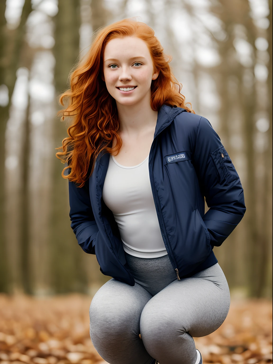 (1girl in, 19, Solo, Aesthetic artwork, irish redhead, wavy ginger hair, shoulder length ginger hair, light grey eyes, some small freckles, smiling, pale skin, A-cup, small breasts, runners body, (textured skin, skin pores:1.1), (moles:0.8), imperfect skin, goosebumps, wearing dark gray jacket, wearing navy blue leggings, empty trees, early winter, no snow, blury background, (action shot, squats, 1.25), (extremely detailed 8k wallpaper), (hard lighting), high quality, film grain, Fujifilm XT3 sharp focus, f 5.6, 50mm, High Detail, Sharp focus, (natural light), crazy details, complex details, hyperdetailed
