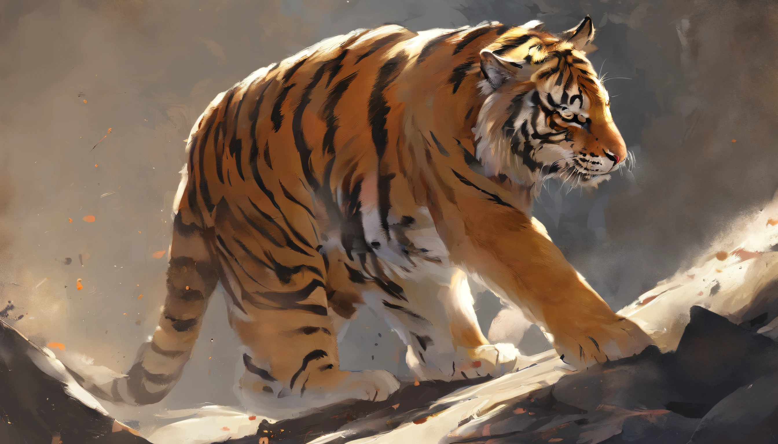 O tigre se concentra no rosto, (melhor qualidade, mais alto, photo-realistic:1.37), Um olhar detalhado, olhar forte, Robust and powerful construction, cores vivas e chamativas, dramatic lighting, inspiring composition, majestic and fierce presence, estilo de fotografia da vida selvagem, uma paleta de cores quentes