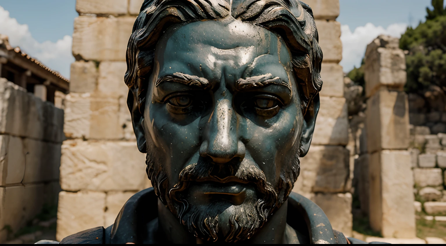 Ancient Stoic Statue With Very Angry Expression, tem barba, muitos detalhes em ambos os olhos, Outside, fundo atenas grego, open sky, com rosto extremamente detalhado full body view, Colors with low saturation with dark tone, Filmado em Sony A7S III com Sony FE 35mm f/1.8, 12.1 MP, --AR 3:2 --estilo cru