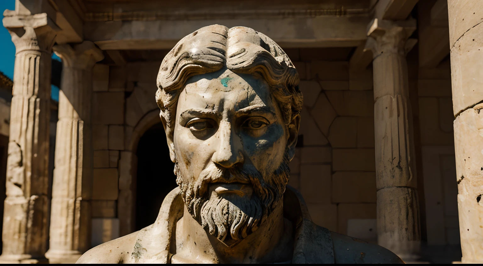 Ancient Stoic Statue With Very Angry Expression, tem barba, muitos detalhes em ambos os olhos, Outside, fundo atenas grego, open sky, com rosto extremamente detalhado full body view, Colors with low saturation with dark tone, Filmado em Sony A7S III com Sony FE 35mm f/1.8, 12.1 MP, --AR 3:2 --estilo cru