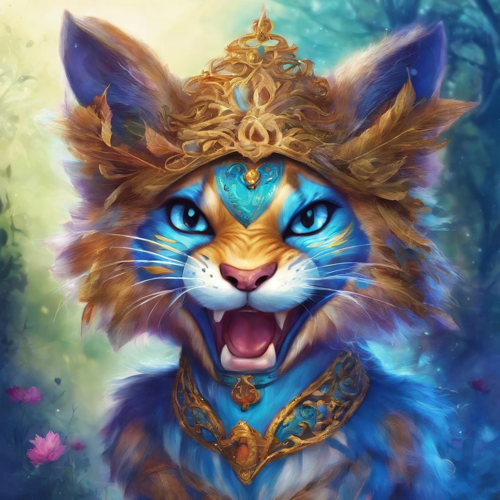 A big cat with a wide split mouth and a smile　Fantastic atmosphere　Picture book illustrations　Overall, the color is strong blue