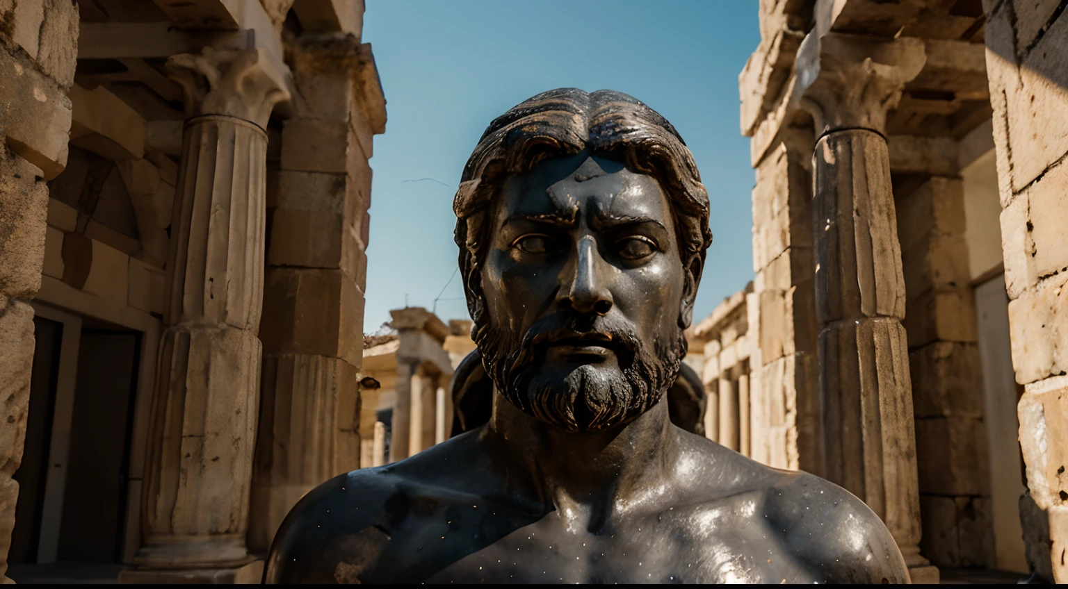 Ancient Stoic Statue With Very Angry Expression, tem barba, muitos detalhes em ambos os olhos, Outside, fundo atenas grego, open sky, com rosto extremamente detalhado full body view, Colors with low saturation with dark tone, Filmado em Sony A7S III com Sony FE 35mm f/1.8, 12.1 MP, --AR 3:2 --estilo cru