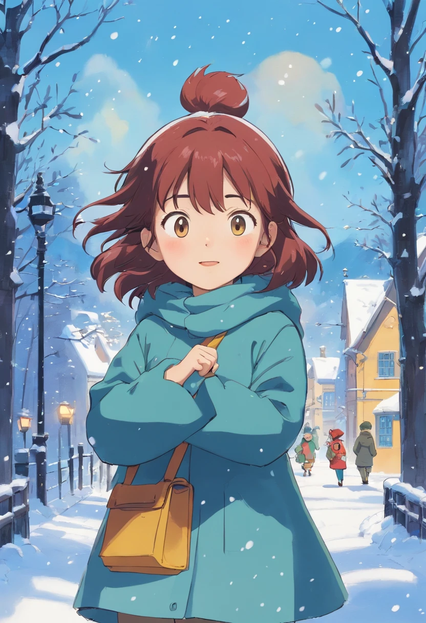Imagine a snowy day at a Quebec City school that feels like it's part of a Studio Ghibli adventure. Bring to life children playing joyfully in the snow, with distant school bells ringing like the call of a friendly forest spirit, and the muffled voices of teachers guiding their young pupils.