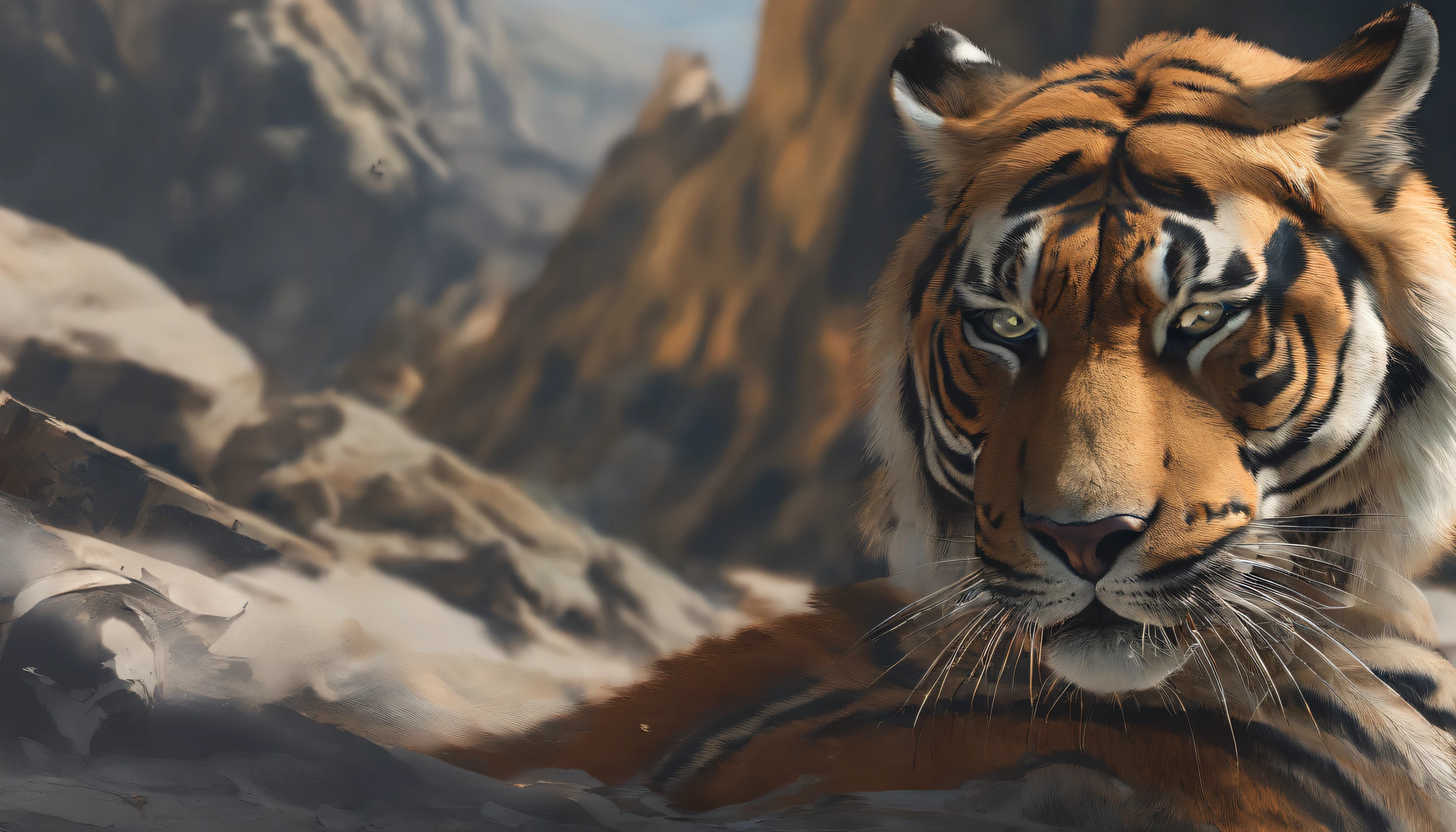 O tigre se concentra no rosto, (melhor qualidade, mais alto, photo-realistic:1.37), Um olhar detalhado, olhar forte, Robust and powerful construction, cores vivas e chamativas, dramatic lighting, inspiring composition, majestic and fierce presence, estilo de fotografia da vida selvagem, uma paleta de cores quentes