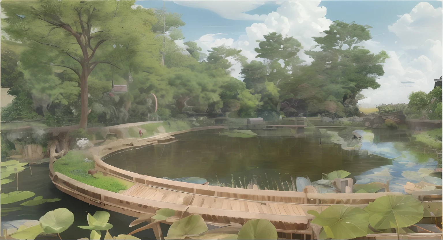 (Best quality,4K,8K,A high resolution,Masterpiece:1.2),Ultra-detailed,Realistic,Photorealistic:1.37,illustration,Studio Ghibli Style,Delicate texture,Lined detailing,Set design,There is a bridge，with a lake