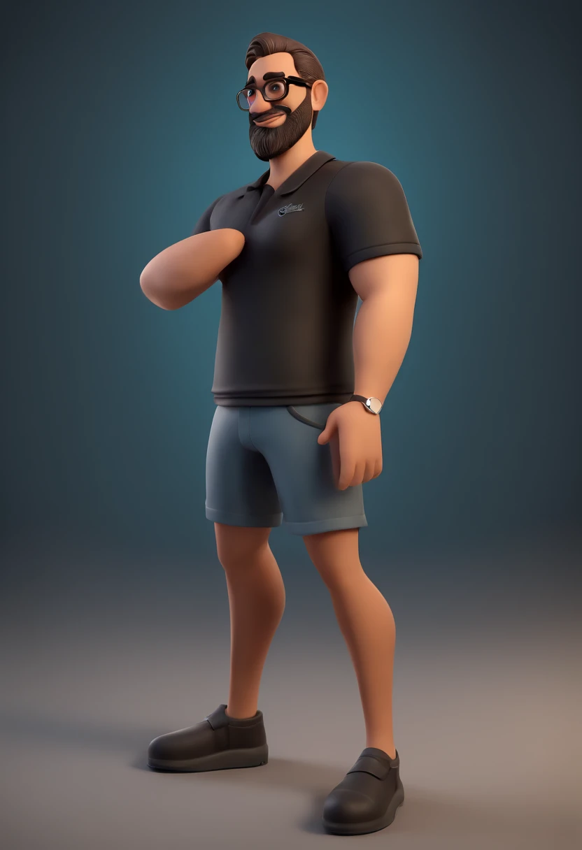Cartoon character of a man with black glasses and a black polo shirt, cabelo liso, With beard and old school tattoo on his arm, animation character, Caractere estilizado, animation style rendering, 3D estilizado, Arnold Maya render, 3 d render stylized, toon render keyshot, Personagem 3D, Personagem 3D, 3d rendering stylized, 3 d character render, personagem de desenho animado, Personagem de close up, Pose de personagem, (Estilo Pixar) (master part:1.2) (Bokeh) (best quality) (pele detalhada) (textura detalhada) (8k) (argila) (Cinematic lighting) (foco nítido