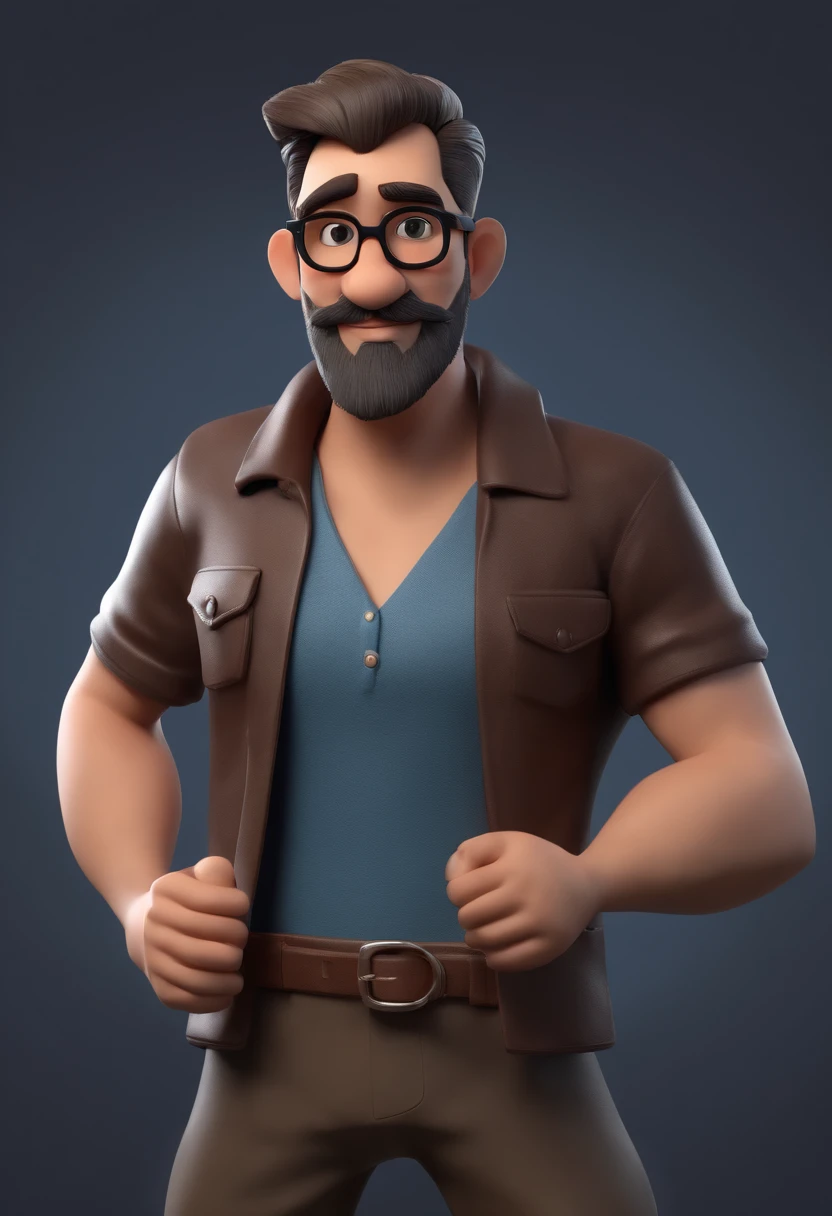Cartoon character of a man with black glasses and a black polo shirt, cabelo liso, With beard and old school tattoo on his arm, animation character, Caractere estilizado, animation style rendering, 3D estilizado, Arnold Maya render, 3 d render stylized, toon render keyshot, Personagem 3D, Personagem 3D, 3d rendering stylized, 3 d character render, personagem de desenho animado, Personagem de close up, Pose de personagem,  (Estilo Pixar) (master part:1.2) (Bokeh) (best quality) (pele detalhada) (textura detalhada) (8k) (argila) (Cinematic lighting) (foco nítido
