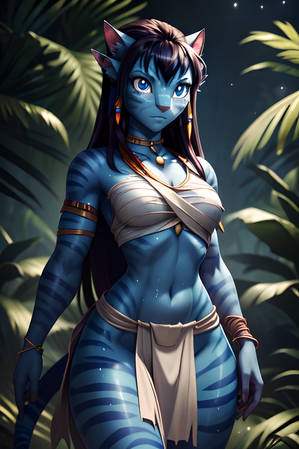 young avatar girl from the planet Navi, There is an avatar tail, Very long messy hair and long bangs, beatiful face, ((Sexual facial expression shows interest)), is looking at the camera, Body color: blue with stripes, skin color: blau, sweaty body, Body glare, ((pretty eyes)), Blue Cat Eyes, ((Perfect Sexy Figure)), Ideal body shapes, big thighs, ((sophisticated and beautiful)), Sexy seductive stance, Full-length,((Avatar Outfit: loincloth ripped bandage and ripped top, Avatar Tribe Decorations)) Background: Dark Night Jungle, Depth of field, ((ultra quality)), ((tmasterpiece)), Clear image, crisp details, Realistic, professional photoshoot, Clear Focus, the anime, Colorfully drawn, NSFW