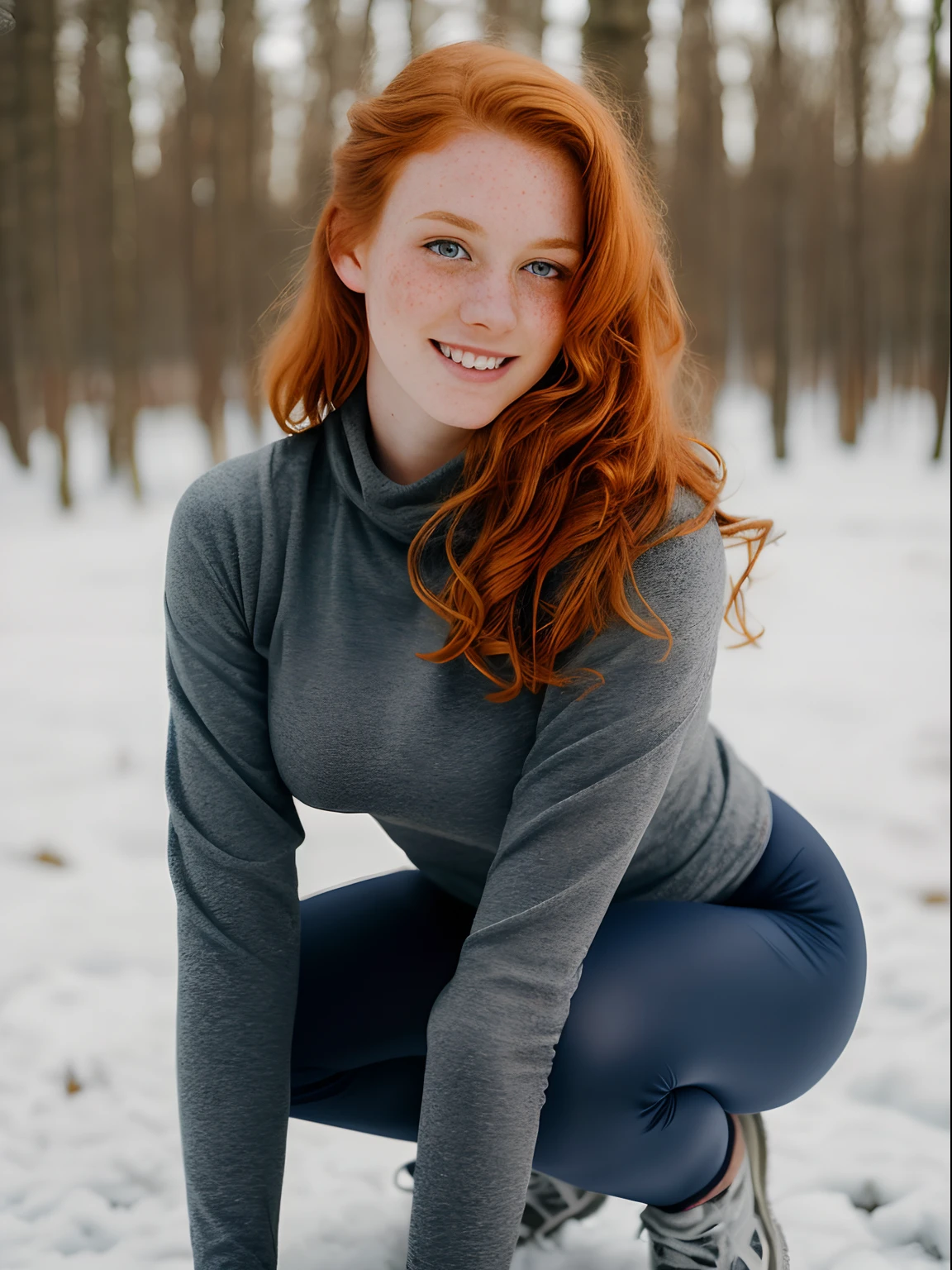 (1girl in, ***19, Solo, Aesthetic artwork, irish redhead, wavy ginger hair, shoulder length ginger hair, light grey eyes, some small freckles, smiling, pale skin, A-cup, small breasts, runners body, (textured skin, skin pores:1.1), (moles:0.8), imperfect skin, goosebumps, wearing dark gray jacket, wearing navy blue leggings, empty trees, early winter, no snow, blury background, (action shot, squats, 1.25), (extremely detailed 8k wallpaper), (hard lighting), high quality, film grain, Fujifilm XT3 sharp focus, f 5.6, 50mm, High Detail, Sharp focus, (natural light), crazy details, complex details, hyperdetailed