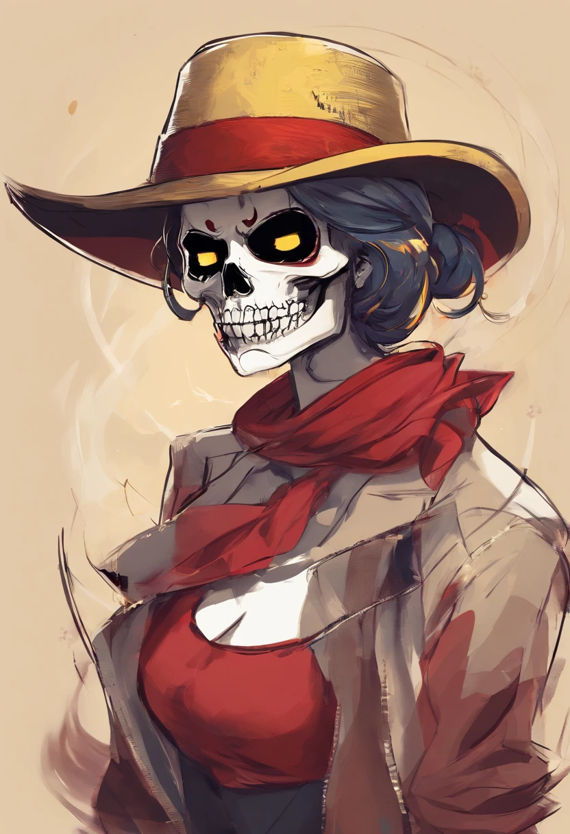 Uma caveira de desenho animado bonito，head shoot，Yellow straw hat with red ribbon, Vento minimalista，Uma personagem，filigrana，estilo realista