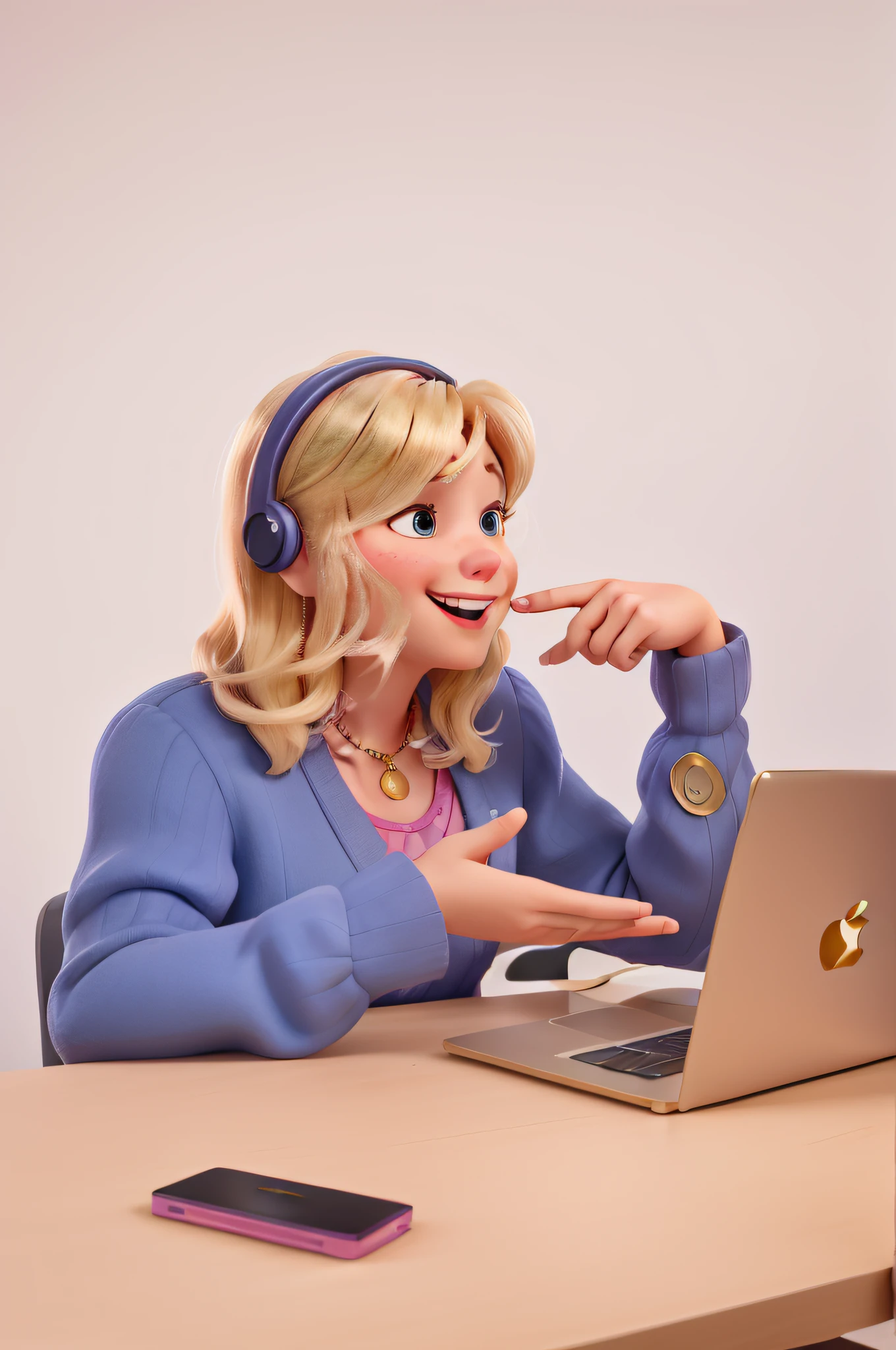 Blonde Speech Therapist with fair skin doing Speech Therapy online with pink Gold mac, high quality Disney pixar style image