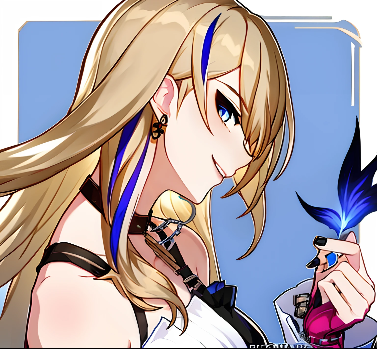1girl, bangs, bare shoulders, black nails, blonde hair, blue eyes, choker, earrings, fingerless gloves, from side, gloves, long hair, looking at viewer, multicolored hair, nail polish, serval landau, smile, solo, streaked hair, upper body,mature female,