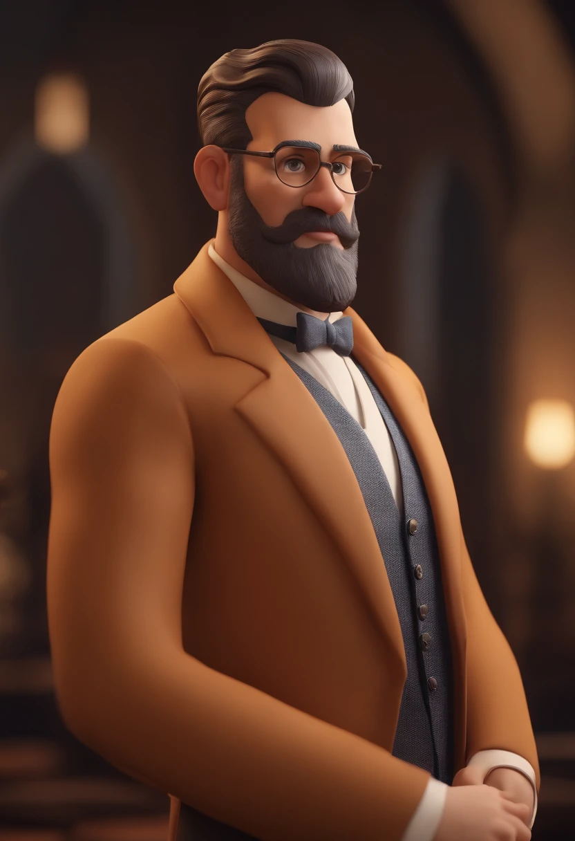 Cartoon Character of a Man Without Glasses and Beard, com Cabelos baixo, com alguns fios de cabelos brancos usando batina roupa de padre e, um personagem animado na Igreja, Caractere estilizado, animation style rendering, 3D estilizado, Catholic Father, 3 d render stylized, toon render keyshot, Personagem 3D, Personagem 3D, 3d rendering stylized, 3 d character render, personagem de desenho animado, Personagem de close up, Pose de personagem, (Estilo Pixar) (master part:1.2) (Bokeh) (best quality) (pele detalhada) (textura detalhada) (8k) (argila) (Cinematic lighting) (foco nítido,Senta e vaza a parte superior do corpo