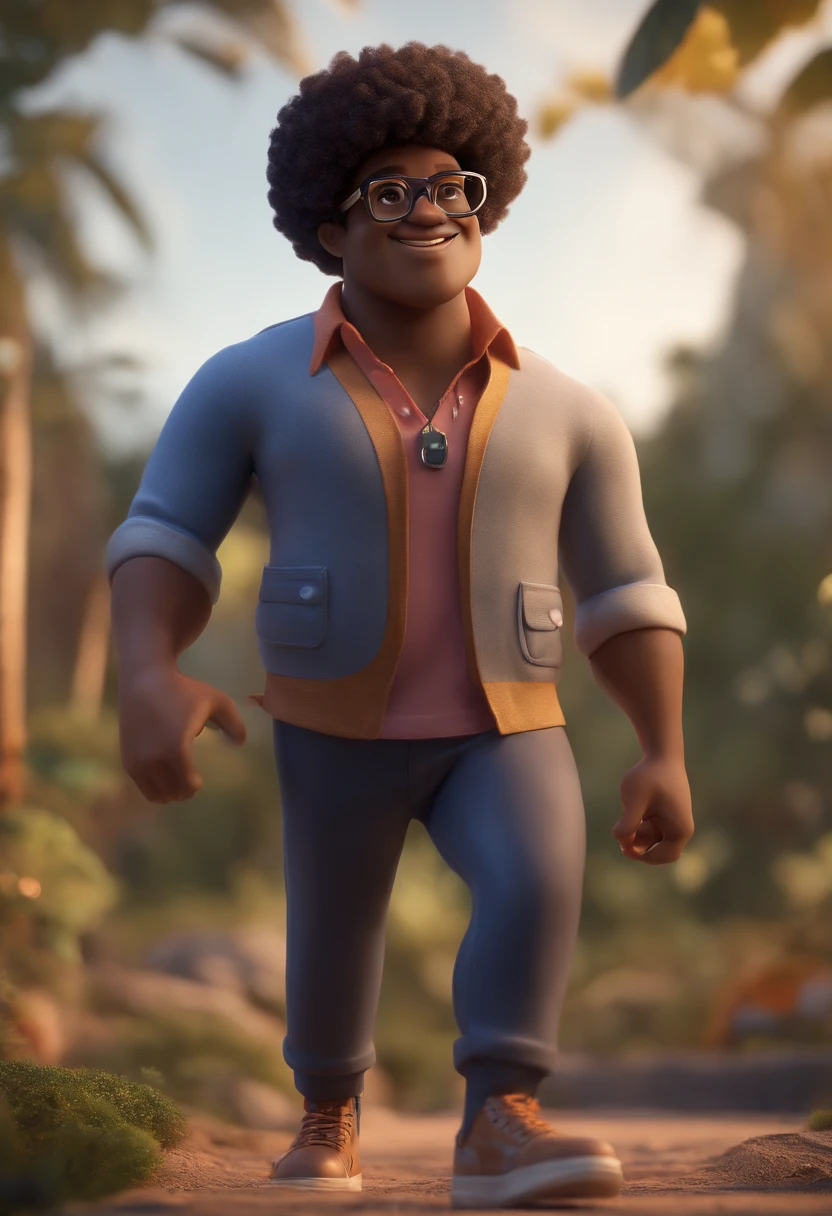 Cartoon character of a man with black glasses, cabelo afro, animation character, Caractere estilizado, animation style rendering, 3D estilizado, 3 d render stylized, toon render keyshot, Personagem 3D, Personagem 3D, 3d rendering stylized, 3 d character render, personagem de desenho animado, Personagem de close up, Pose de personagem,  (Estilo Pixar) (master part:1.2) (Bokeh) (best quality) (pele detalhada) (textura detalhada) (8k) (argila) (Cinematic lighting) (foco nítido