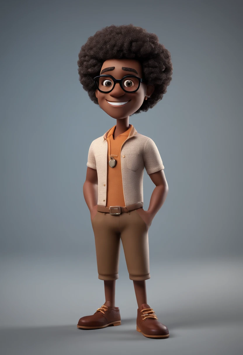 Cartoon character of a man with black glasses, cabelo afro, animation character, Caractere estilizado, animation style rendering, 3D estilizado, 3 d render stylized, toon render keyshot, Personagem 3D, Personagem 3D, 3d rendering stylized, 3 d character render, personagem de desenho animado, Personagem de close up, Pose de personagem,  (Estilo Pixar) (master part:1.2) (Bokeh) (best quality) (pele detalhada) (textura detalhada) (8k) (argila) (Cinematic lighting) (foco nítido