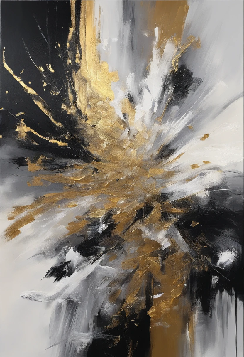 Black, gold, greys　Abstract mural　Canvas painting、Black, white and grey with some gold leaf、abstracted、modern fine art　Scratch　an oil painting