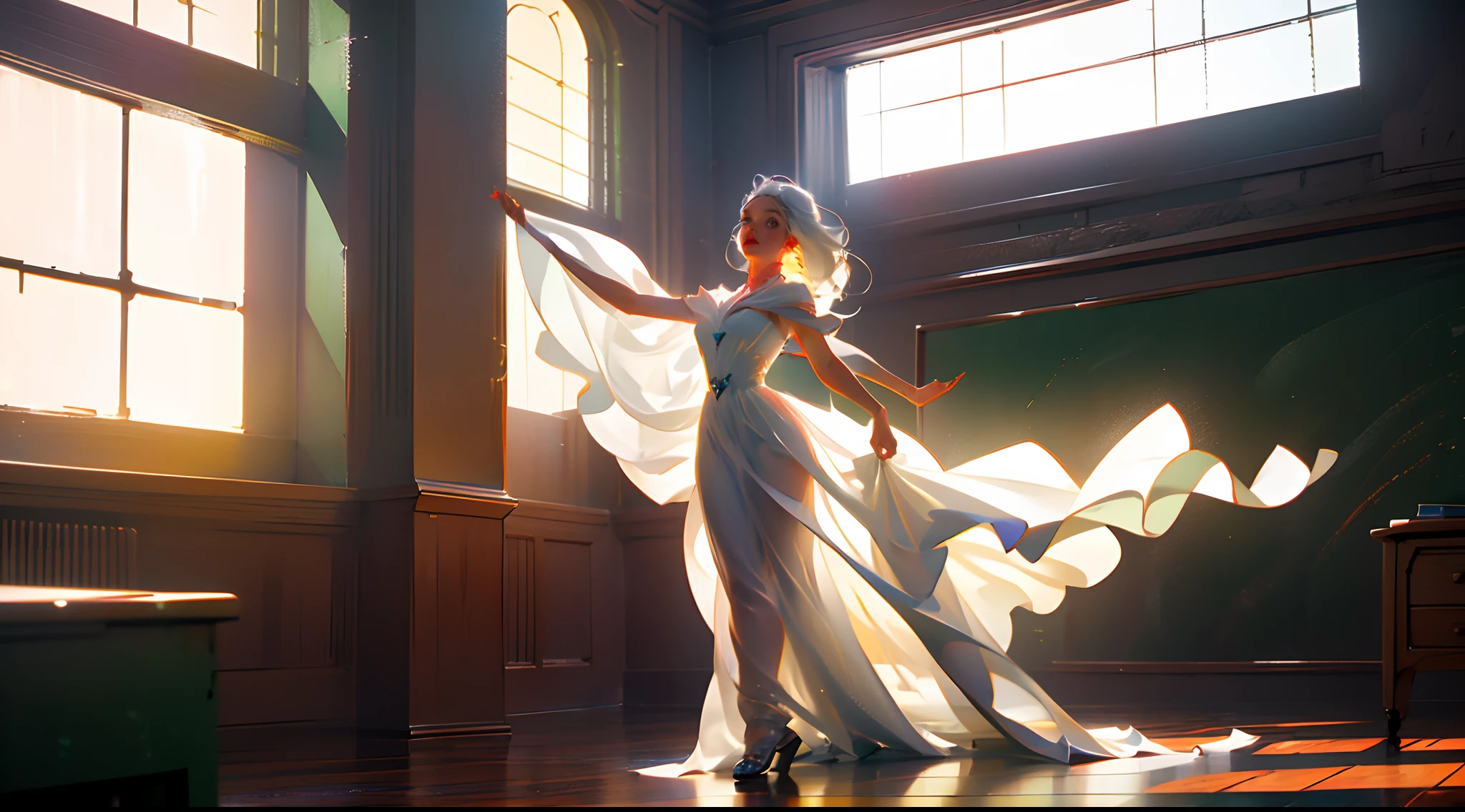The lovely girl with white hair and red pupils sat on the mahogany desk, stretching her legs and looking at the window. The breeze was blowing on her cheeks, and the long white dress was drifting with the wind. A quiet article in the classroom. --auto