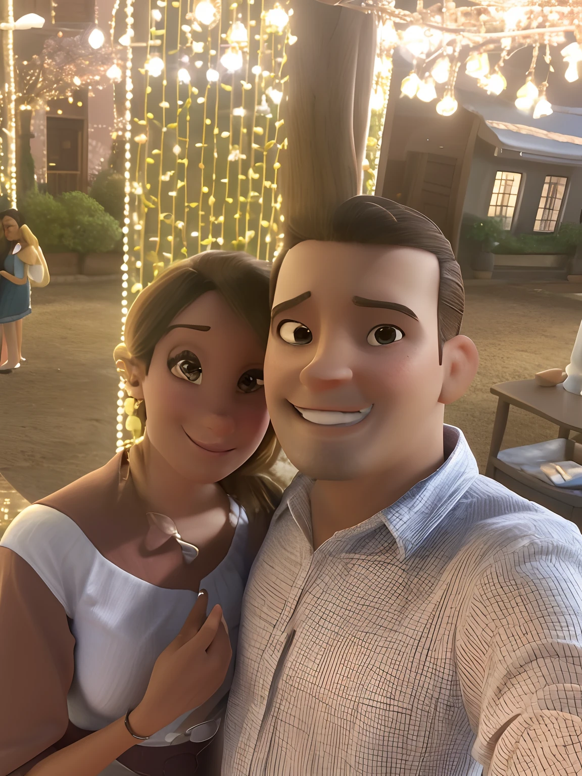 Casal estilo disney pixar, alta qualidade, melhor qualidade. Mulher branca nariz fino com cabelo loiro e vestido branco. Homem moreno cabelo castanho camisa quadriculada. Casal sorridente e muito felizes. Mini light bulbs in the background