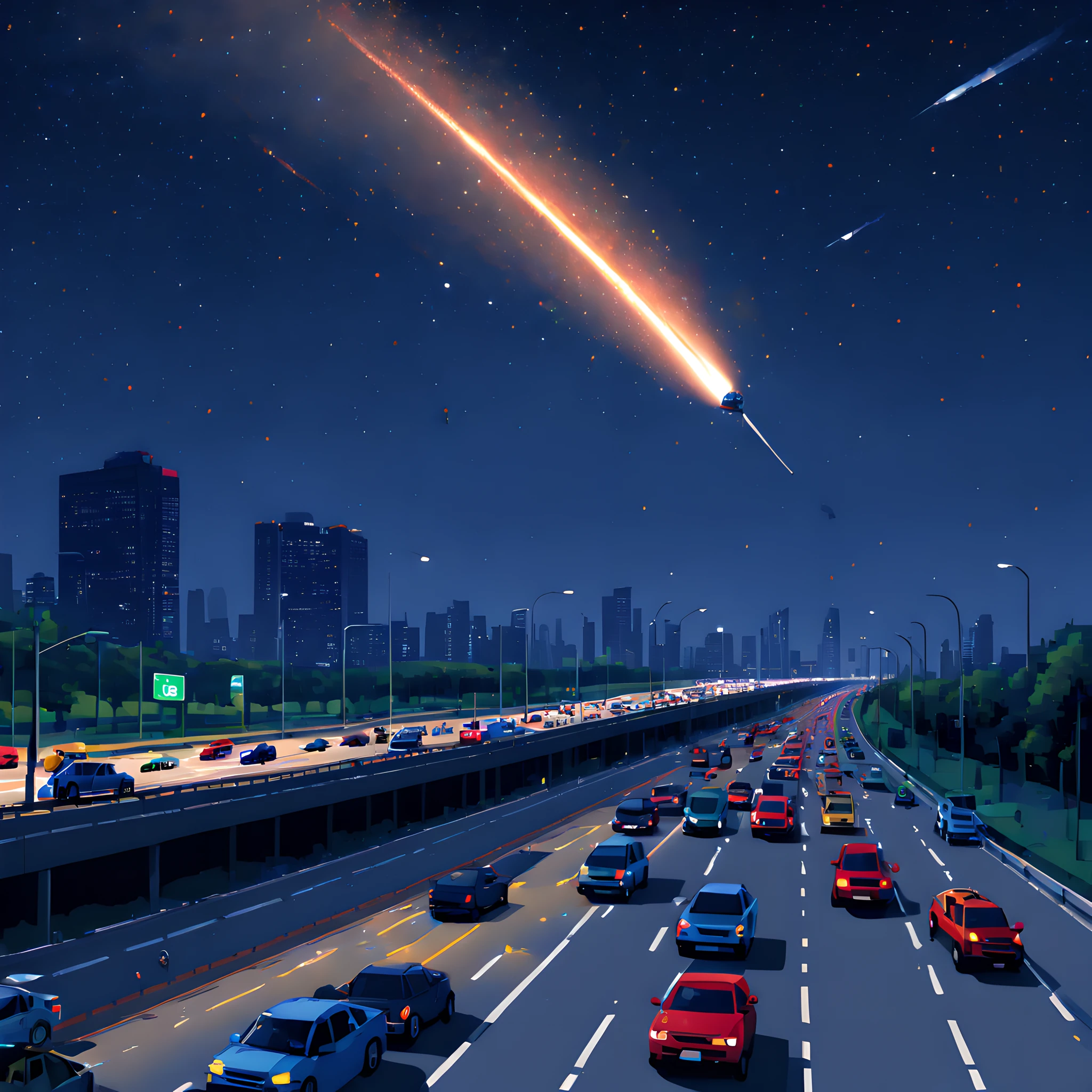 (Pixel art:1.5), (pixel theme:1.5), (fantasy:1.5), (meteor:1.5), (A meteorite passes over a car on the Metropolitan Expressway:1.5), (Metropolitan Expressway:1.5), (meteorite:1.5), (starry night sky:1.5),(A swarm of cars escaping from the capital:1.5), (congestion:1.5),