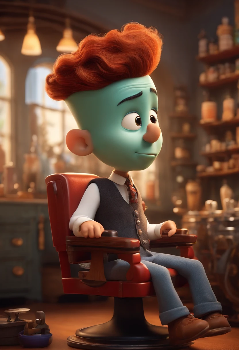 A Dream Barber Inspired by Pixar Animation, de perto. The character takes center stage with captivating facial expressions, oferecendo um toque de irrealidade, Cabelo curto e gordinho gradiente