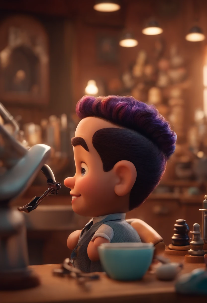 A Dream Barber Inspired by Pixar Animation, de perto. The character takes center stage with captivating facial expressions, oferecendo um toque de irrealidade, Cabelo curto e gordinho gradiente