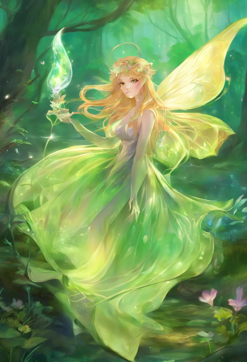 (Masterpiece, Best quality, Ultra-detailed, Best Illustration:1.4), 1 Little Fairy, The wings of the little fairy,(Slime girl:1.3),(See-through:1.5)afloat,Green wind ,Silk fabric,(refractions,Reflection:1.2) , Transparent skin, sunshine day,ln the forest