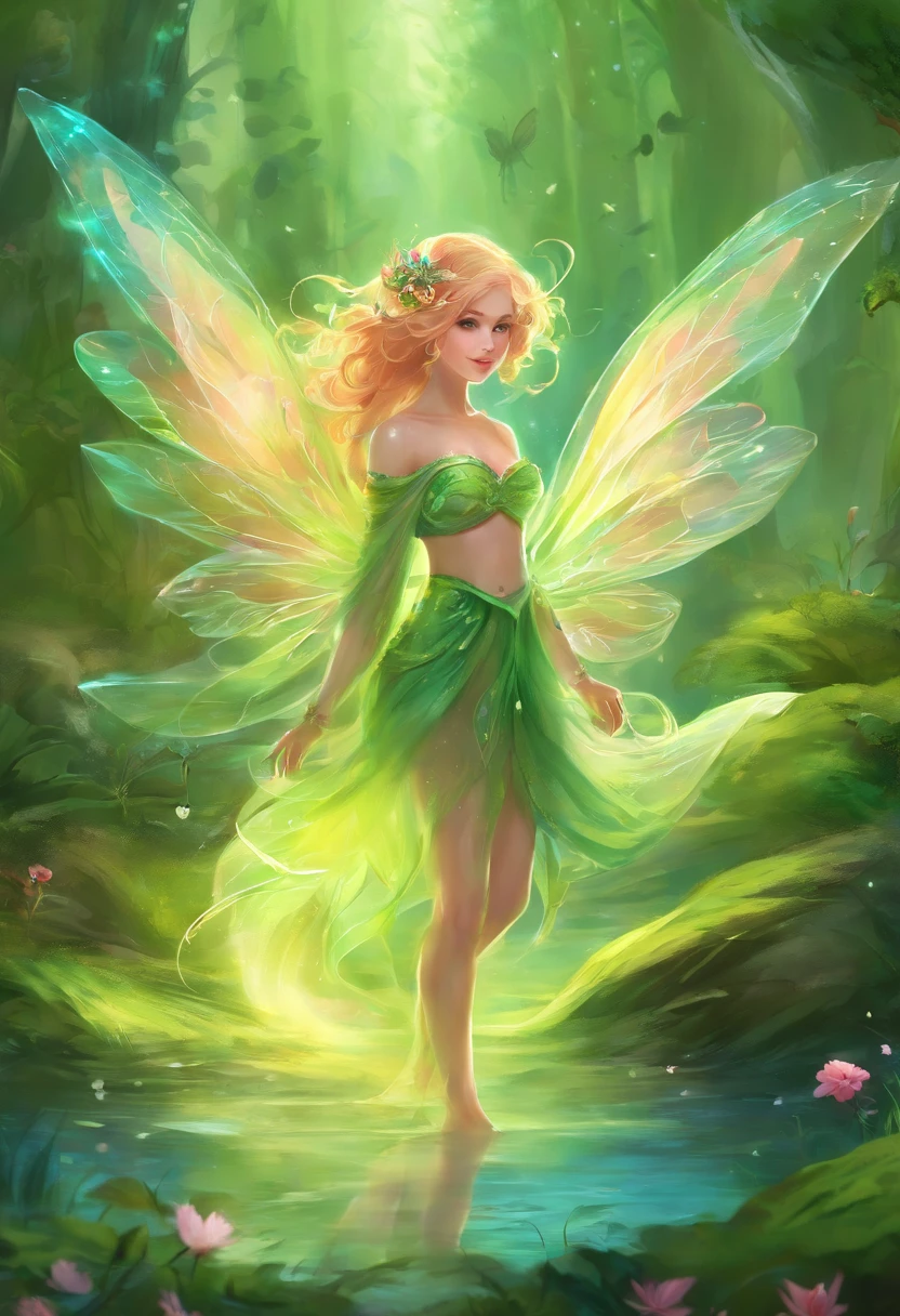 (Masterpiece, Best quality, Ultra-detailed, Best Illustration:1.4), 1 Little Fairy, The wings of the little fairy，(Slime girl:1.3),(See-through:1.5）afloat,Green wind ，Silk fabric，(refractions,Reflection:1.2) ,  Transparent skin, sunshine day，ln the forest