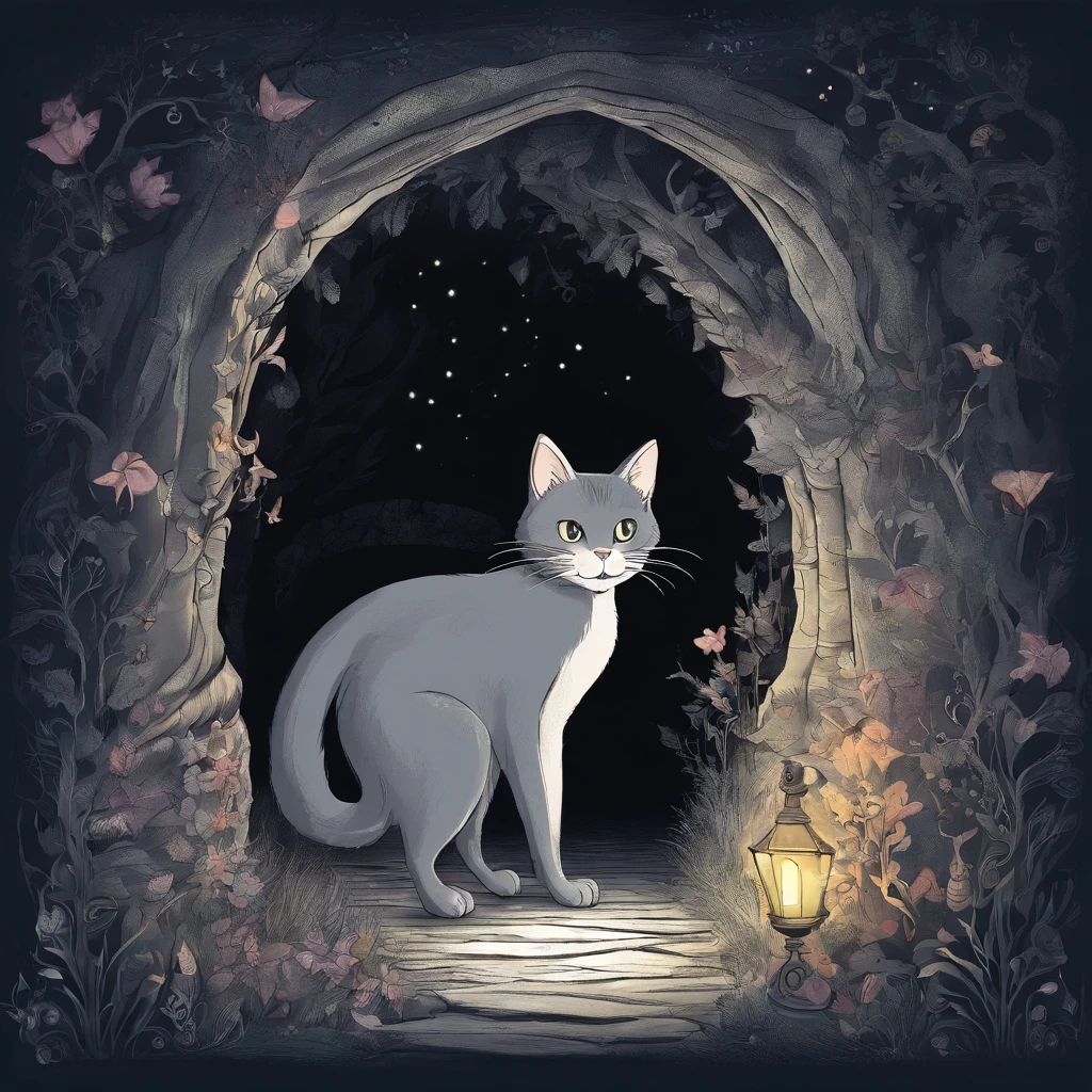 Cat tunnel in the depths of darkness　A grey cat walks in　Fantastic atmosphere　Picture book illustrations