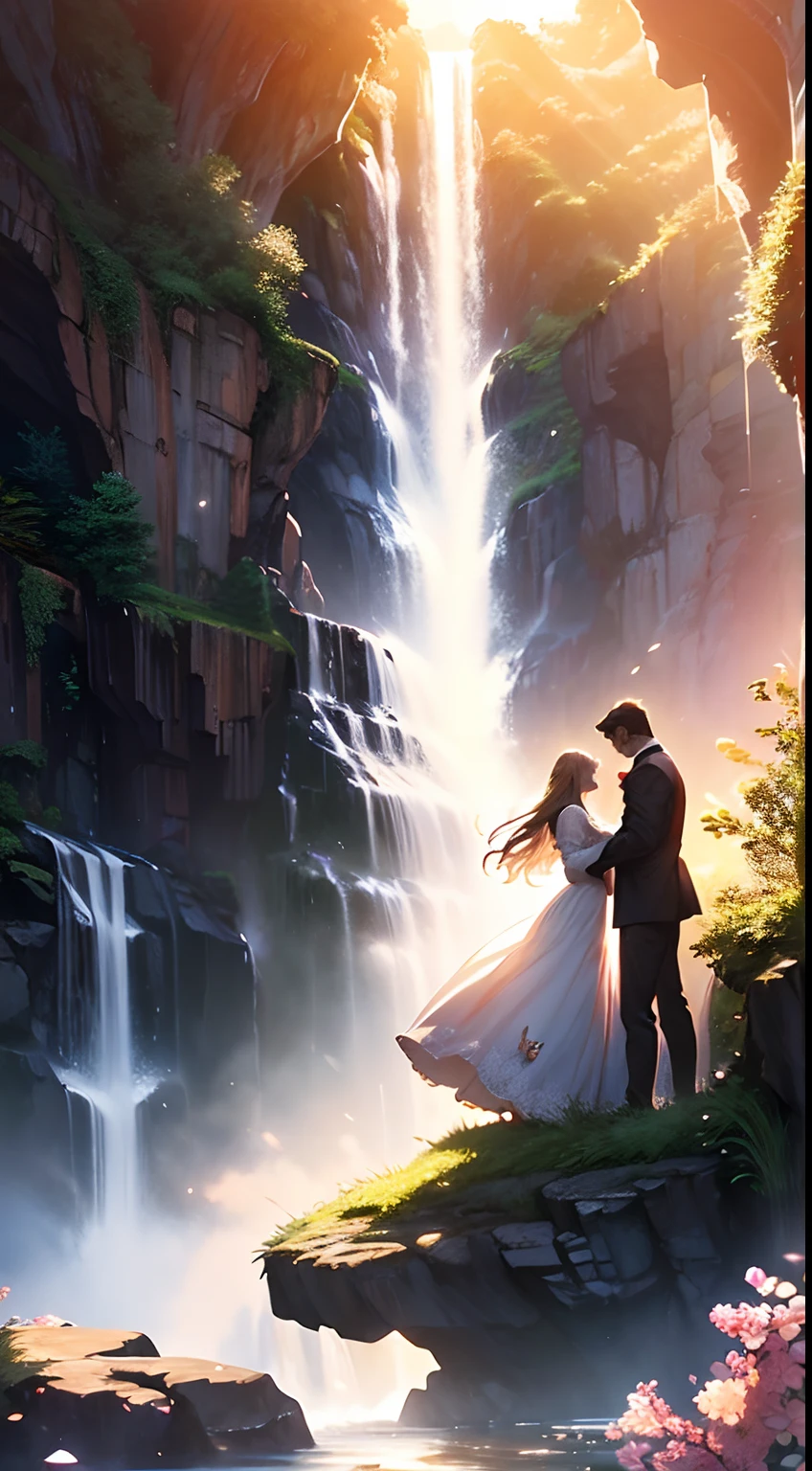 (magical digital artwork:1.3), (masterpiece), (cinematic), a couple, a guy and a woman, looking to each other, waterfall backgroud,nature,perfect face, from side,(romantic), (love), alone, (two people), elegant, perfect scenery, perfect lighting, heart warming, sunset, heaven, (light particles)