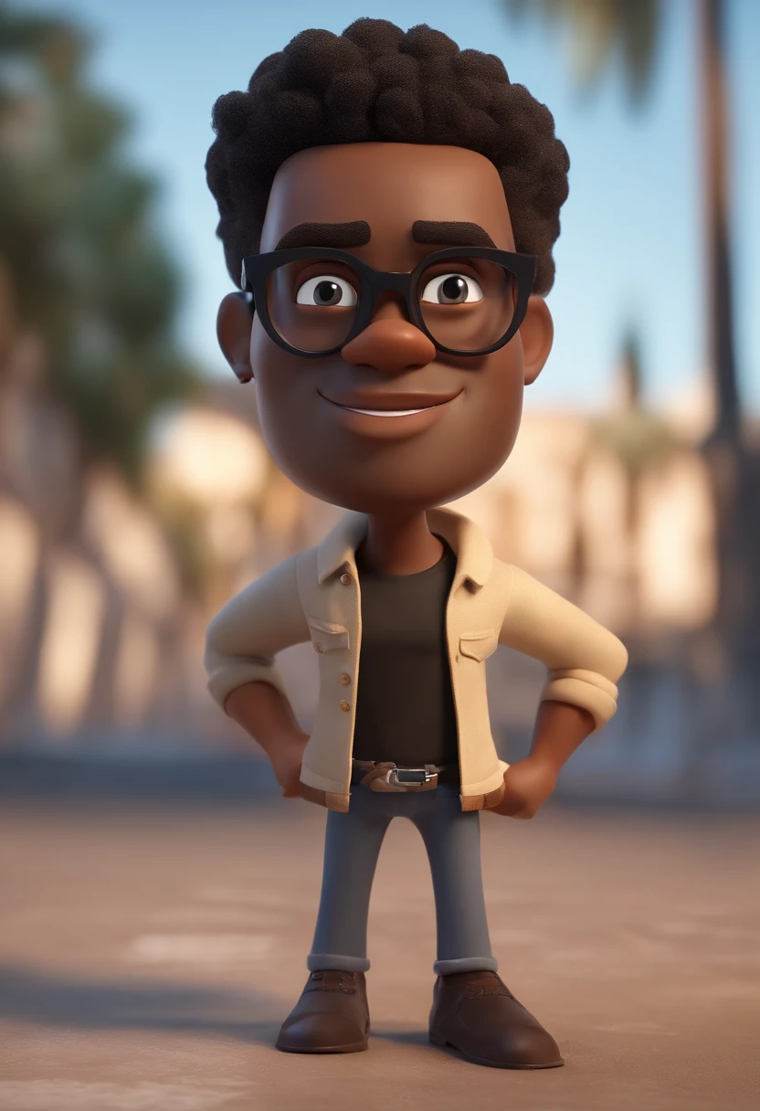 Cartoon character of a black man wearing black glasses, barba , sem cabelo e uma camisa azul, um personagem animado, Caractere estilizado, animation style rendering, 3D estilizado, Arnold Maya render, 3 d render stylized, toon render keyshot, Personagem 3D, Personagem 3D, 3d rendering stylized, 3 d character render, personagem de desenho animado, Personagem de close up, Pose de personagem, (Estilo Pixar) (master part:1.2) (Bokeh) (best quality) (pele detalhada) (textura detalhada) (8k) (argila) (Cinematic lighting) (foco nítido,Senta e vaza a parte superior do corpo