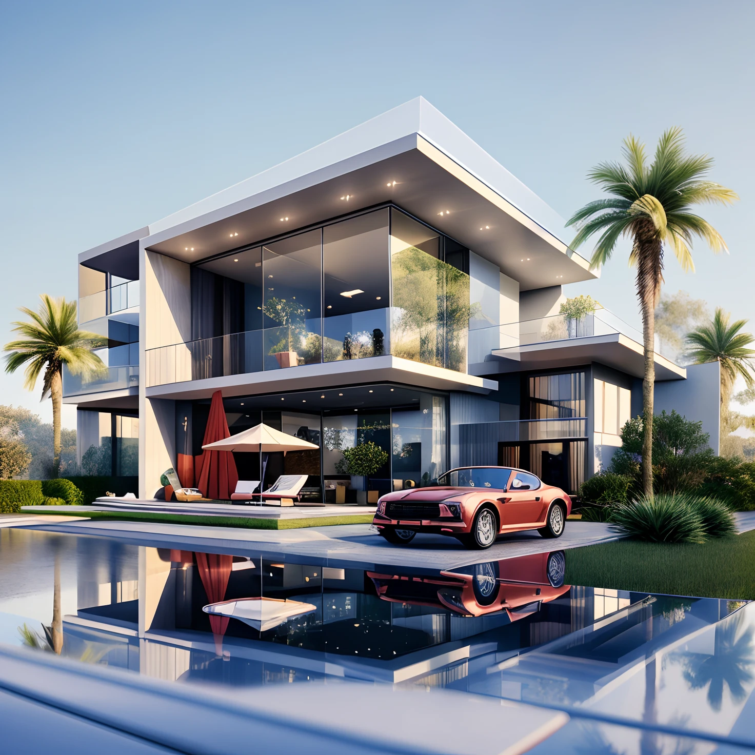 Realistic images, extremely detailed, a modern house, 1 road in font of house, large yard made by ceramic, (1 car), brick fence, lawn, a few small flowers, a road in front of the house, main materials of the house are white walls and red brick, Modern design, clear blue sky, sunrise light, light from inside, dynamic light,shimering light, cinematic light, romantic feeling, (((day light, warm light))), SNOW:1.3, WINTER