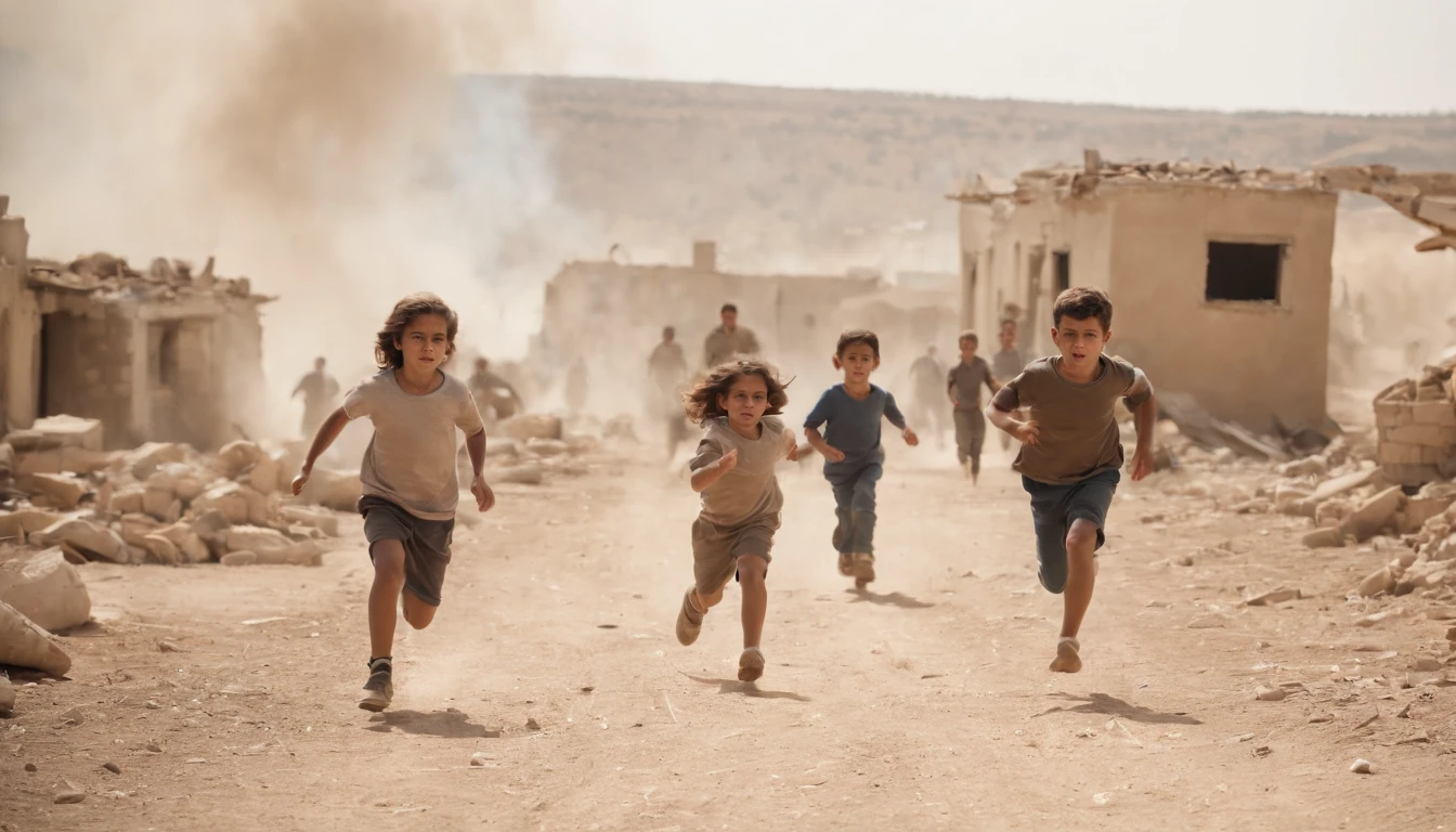 Several children running away from Israeli soldiers and there's is destroyed houses on the background and injured civilians make it more cinematic and real