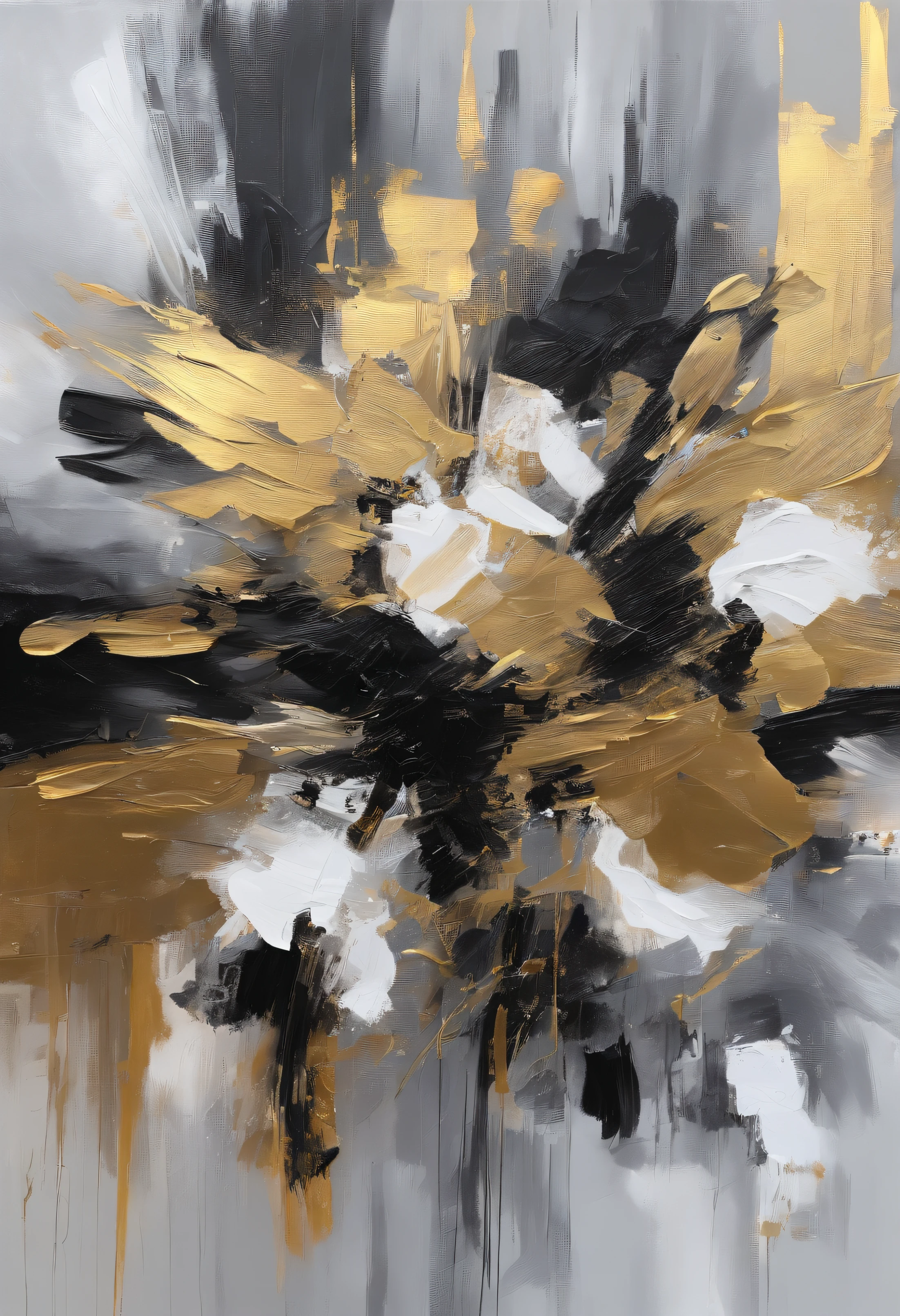 Black, gold, greys Abstract mural Canvas painting、Black, white and grey with some gold leaf、abstracted、modern fine art Scratch an oil painting
