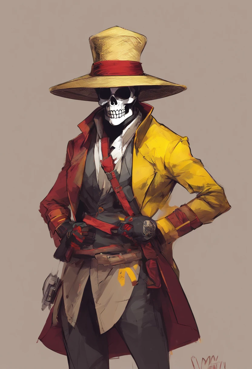 Homem, Uma caveira de desenho animado bonito，head shoot，Yellow straw hat with red ribbon, Vento Minimalista，Uma personagem，watermark，Estilo realista