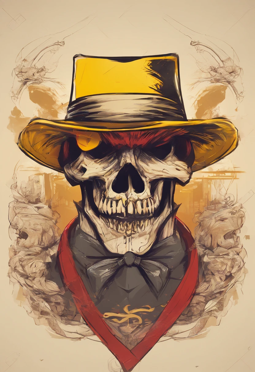 Skull head,Capone hat,cartoon,Red,feather on hat ,black Background ,Dollar sign in eyes,cigar in mouth