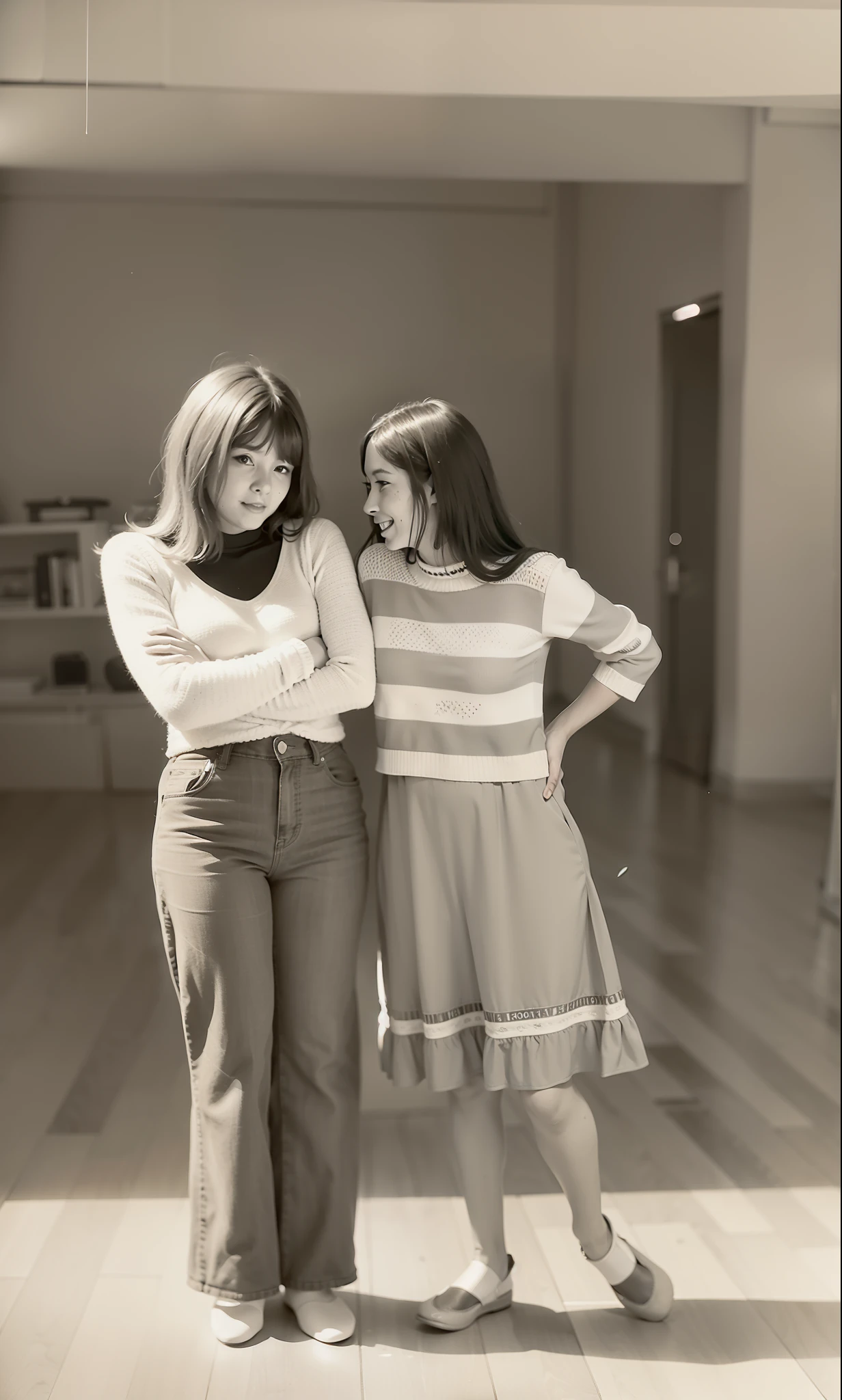 two women standing next to each other in a room, foto do 7 0 s, foto dos anos 70, moda hipple e boho anos 1970, Foto anos 70, Foto de 7 0 s, foto do perfil, cerca de 1 9 7 9, childhood friend, taken in the 1970s, 1 9 7 0 s