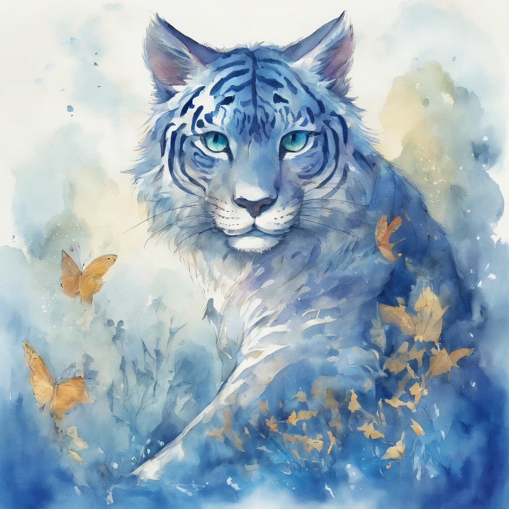 view full body A big cat with a wide split mouth and a smile Fantastic atmosphere Picture book illustrations watercolor paiting Overall, the color is strong blue