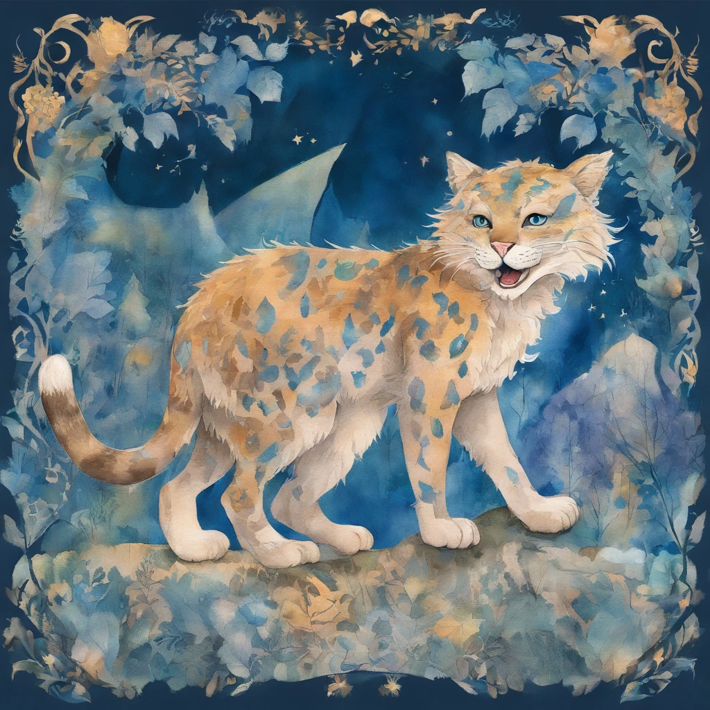 view full body A big cat with a wide split mouth and a smile Fantastic atmosphere Picture book illustrations watercolor paiting Overall, the color is strong blue