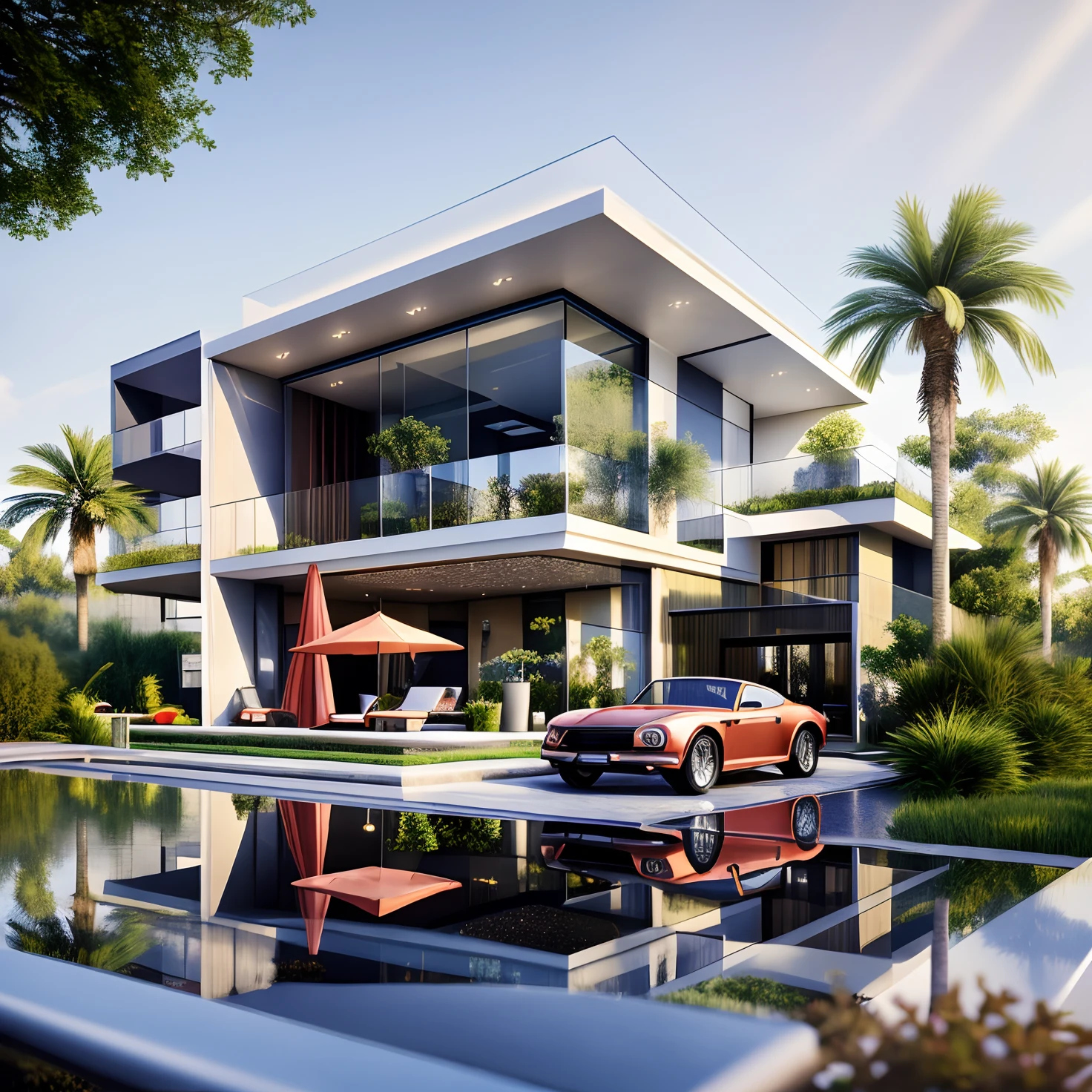 Realistic images, extremely detailed, a modern house, 1 road in font of house, large yard made by ceramic, (1 car), brick fence, lawn, a few small flowers, a road in front of the house, main materials of the house are white walls and red brick, Modern design, clear blue sky, sunrise light, light from inside, dynamic light,shimering light, cinematic light, romantic feeling, (((day light, warm light))), SNOW:1.3, WINTER