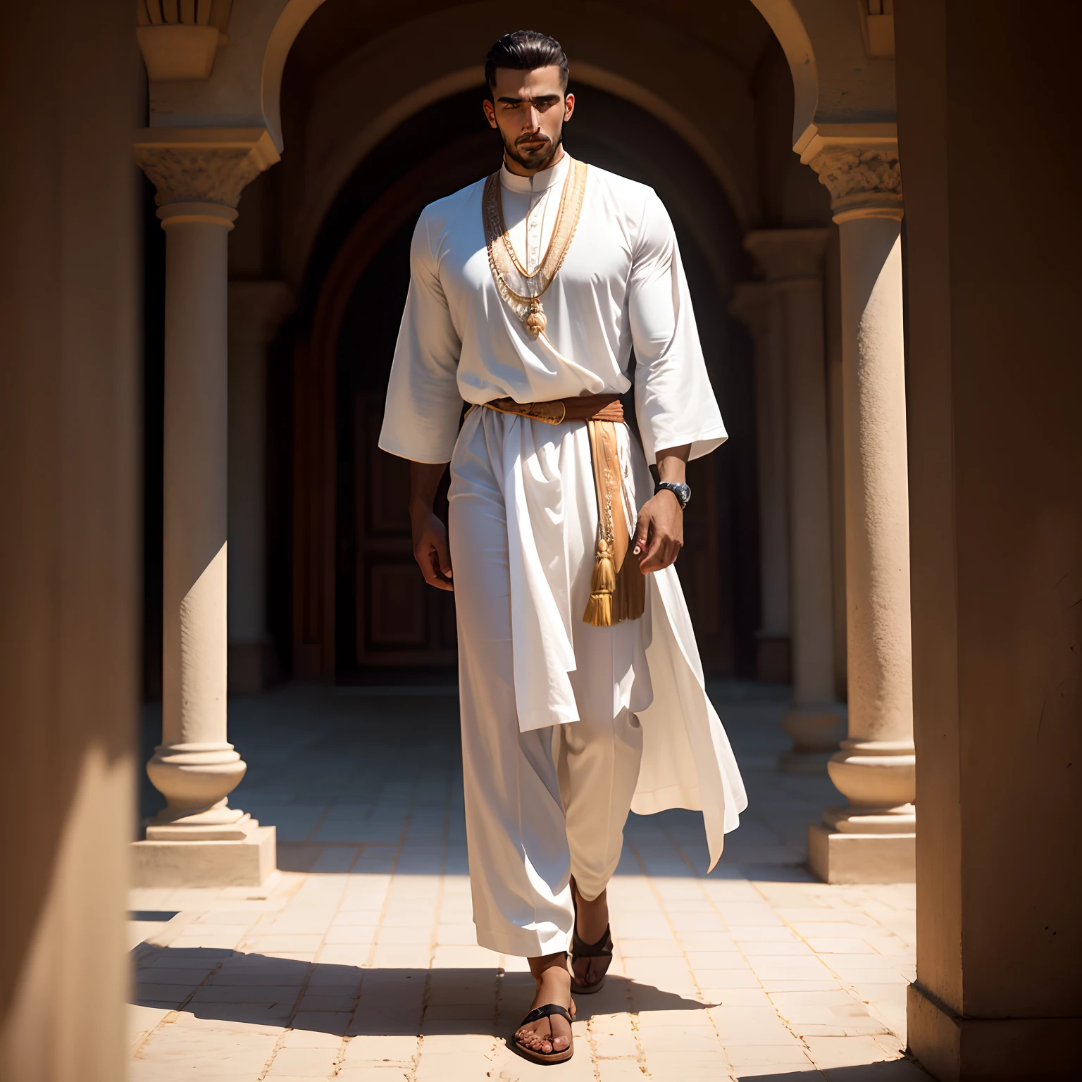 Elegant North African man in white tunic , sentado orando , cinematic lighthing, profundidade de campo, Man, Realismo, fotorrealista, hiper-realismo, fotografia profissional, UHD, DSLR, HDR