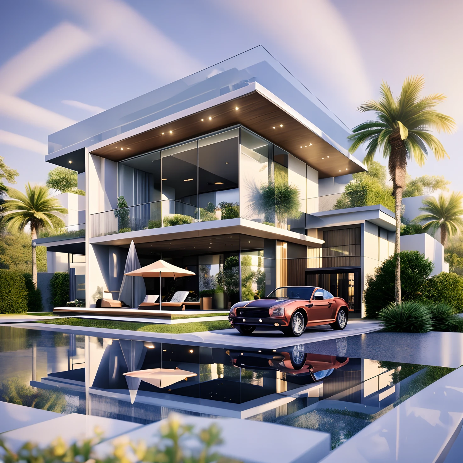 Realistic images, extremely detailed, a modern house, 1 road in font of house, large yard made by ceramic, (1 car), brick fence, lawn, a few small flowers, a road in front of the house, main materials of the house are white walls and red brick, Modern design, clear blue sky, sunrise light, light from inside, dynamic light,shimering light, cinematic light, romantic feeling, (((day light, warm light))), SNOW:1.3, WINTER